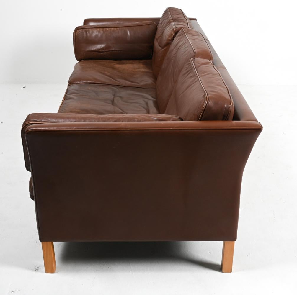 Danish Modern Leather & Beech Three-Seat Sofa by Mogens Hansen For Sale 3