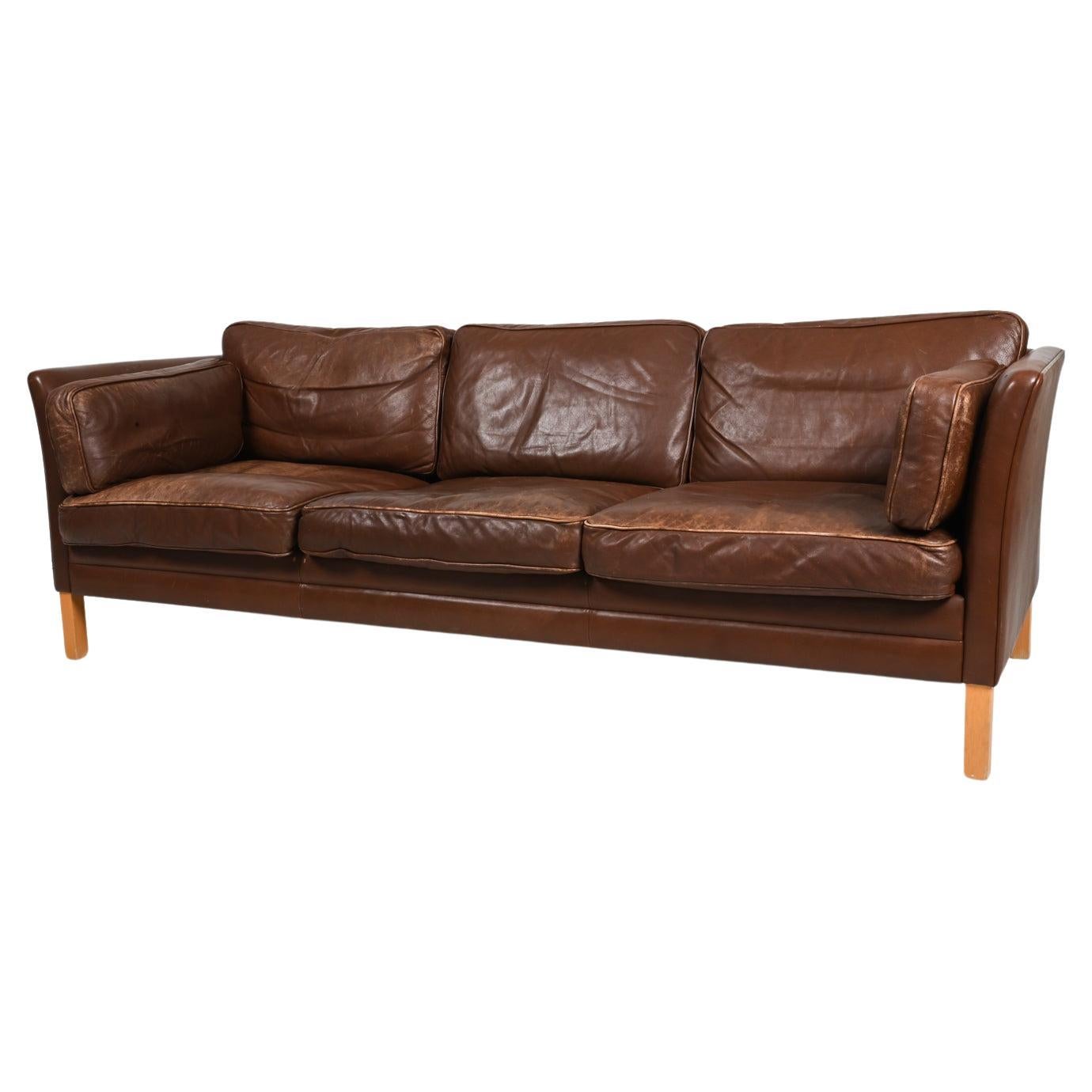 Danish Modern Leather & Beech Three-Seat Sofa by Mogens Hansen For Sale