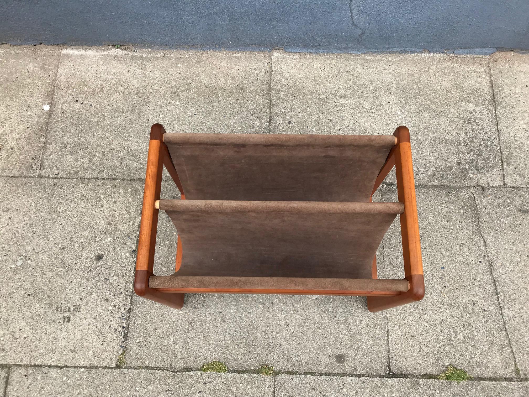 Mid-20th Century Danish Modern Leather and Teak Magazine Rack by Aksel Kjersgaard, 1960s For Sale