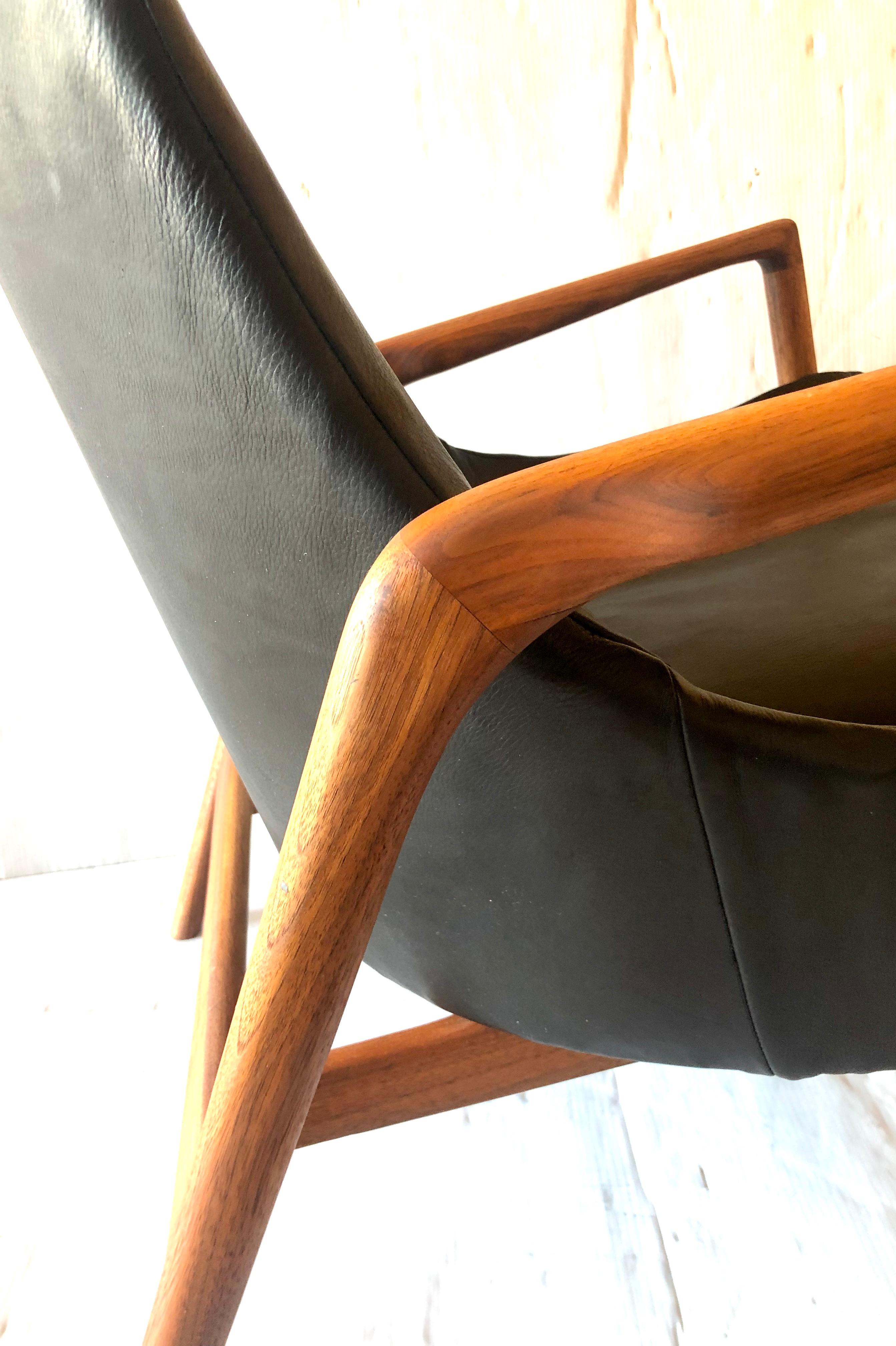 Danish Modern Leather and Walnut Lounge Armchair by Kofod Larsen 1