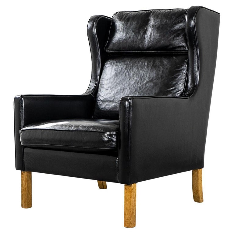 Danish Modern Leather Wingback Lounge Chair For Sale