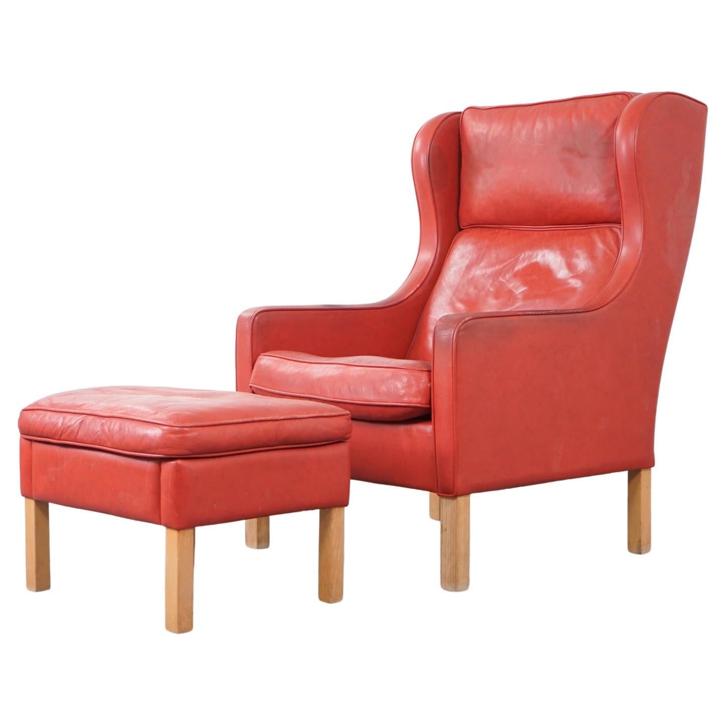 Danish Modern Leather Wingback Lounge Chair with Footstool