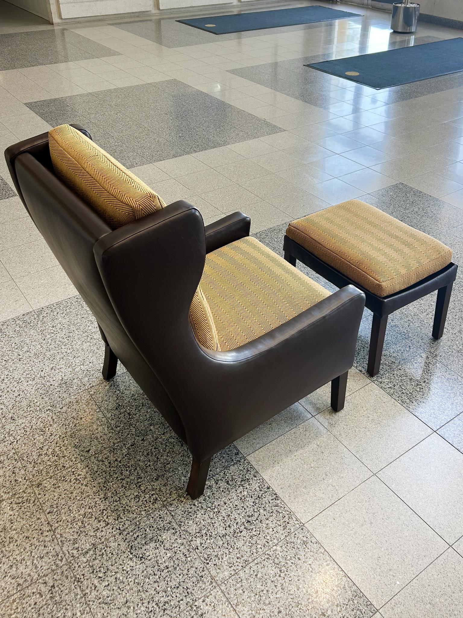 Danish Modern Leather Wingback & Ottoman in the Style of Børge Mogensen For Sale 4