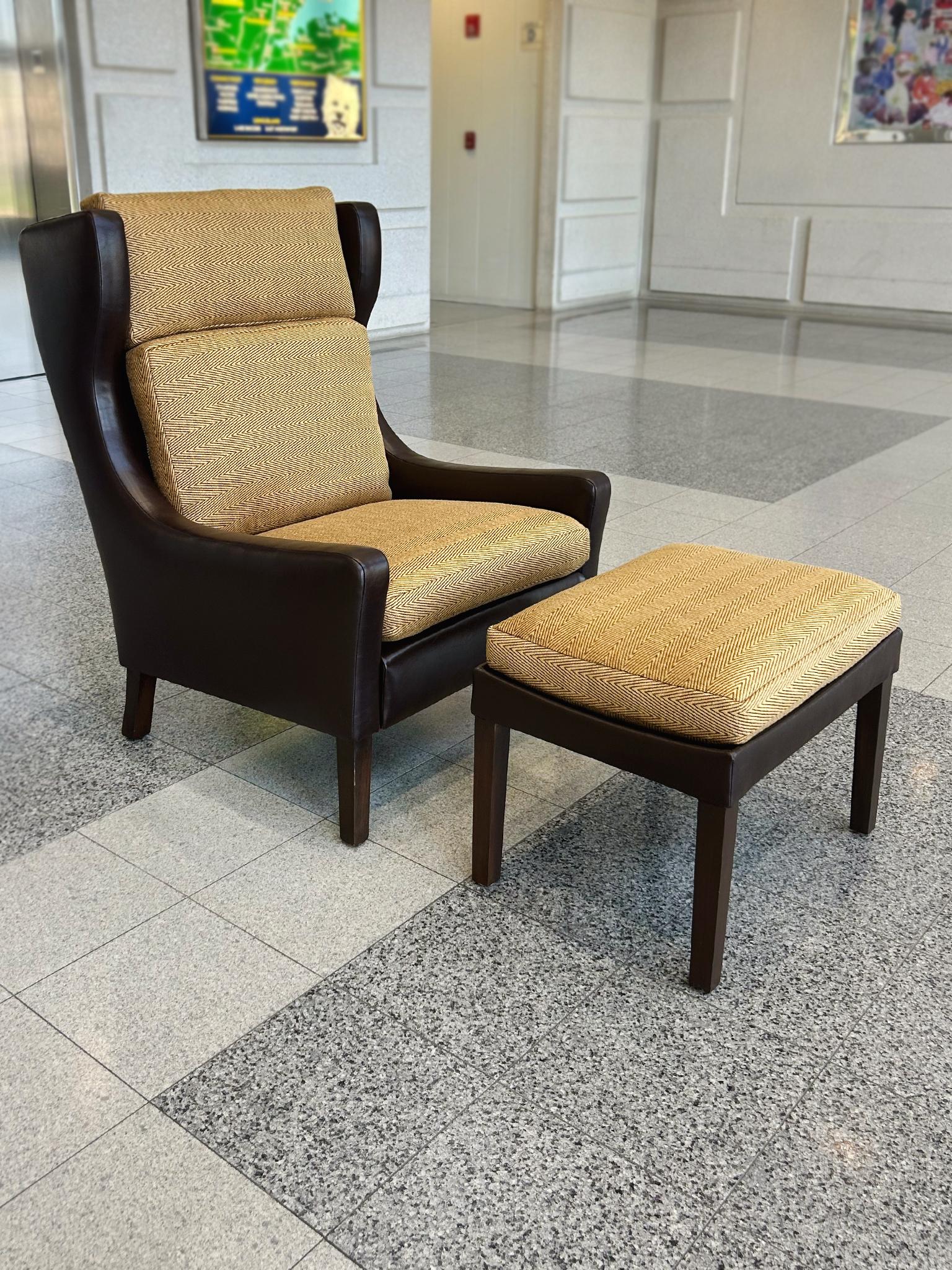 Scandinavian Modern Danish Modern Leather Wingback & Ottoman in the Style of Børge Mogensen For Sale