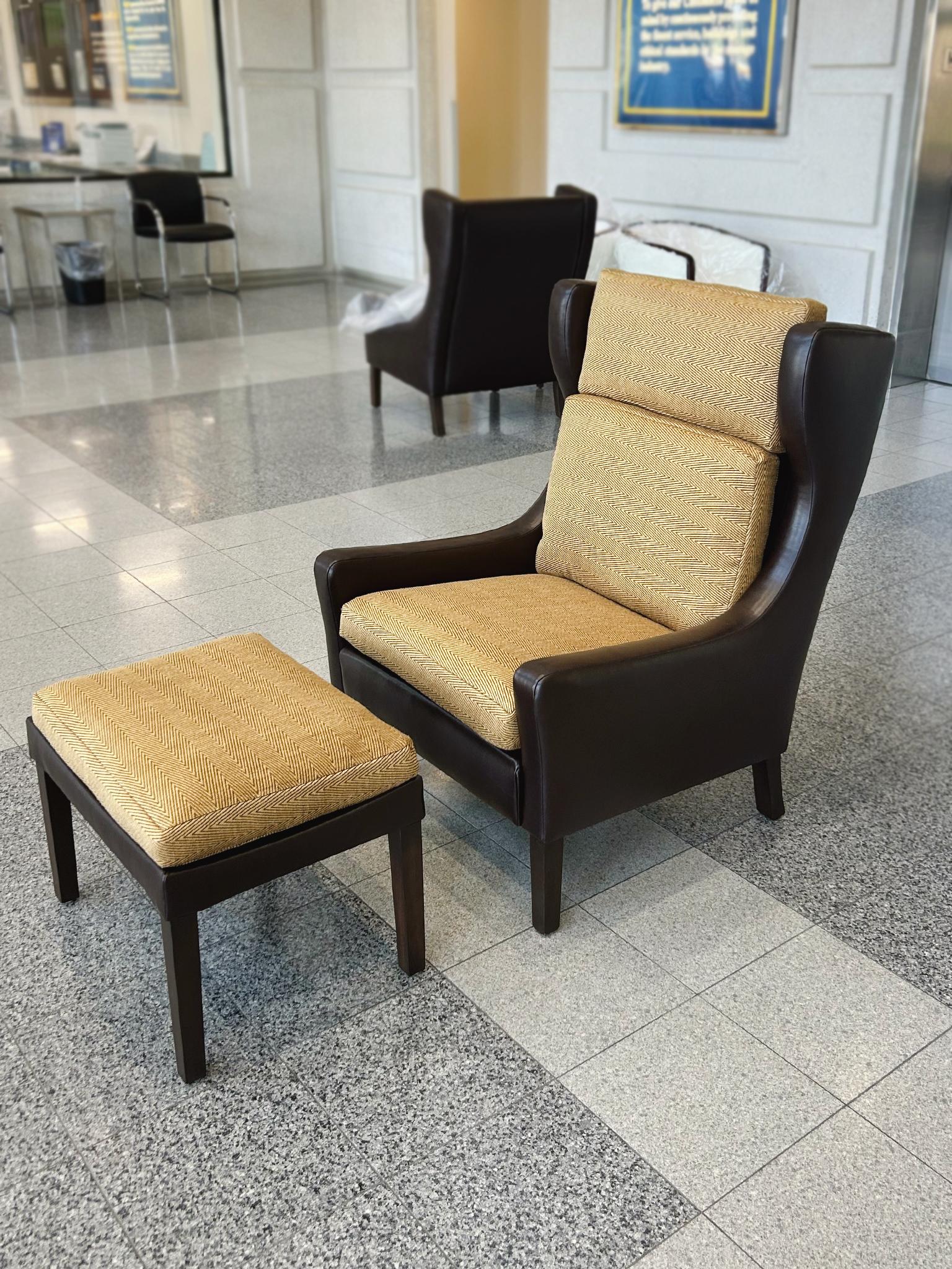 Hand-Crafted Danish Modern Leather Wingback & Ottoman in the Style of Børge Mogensen For Sale