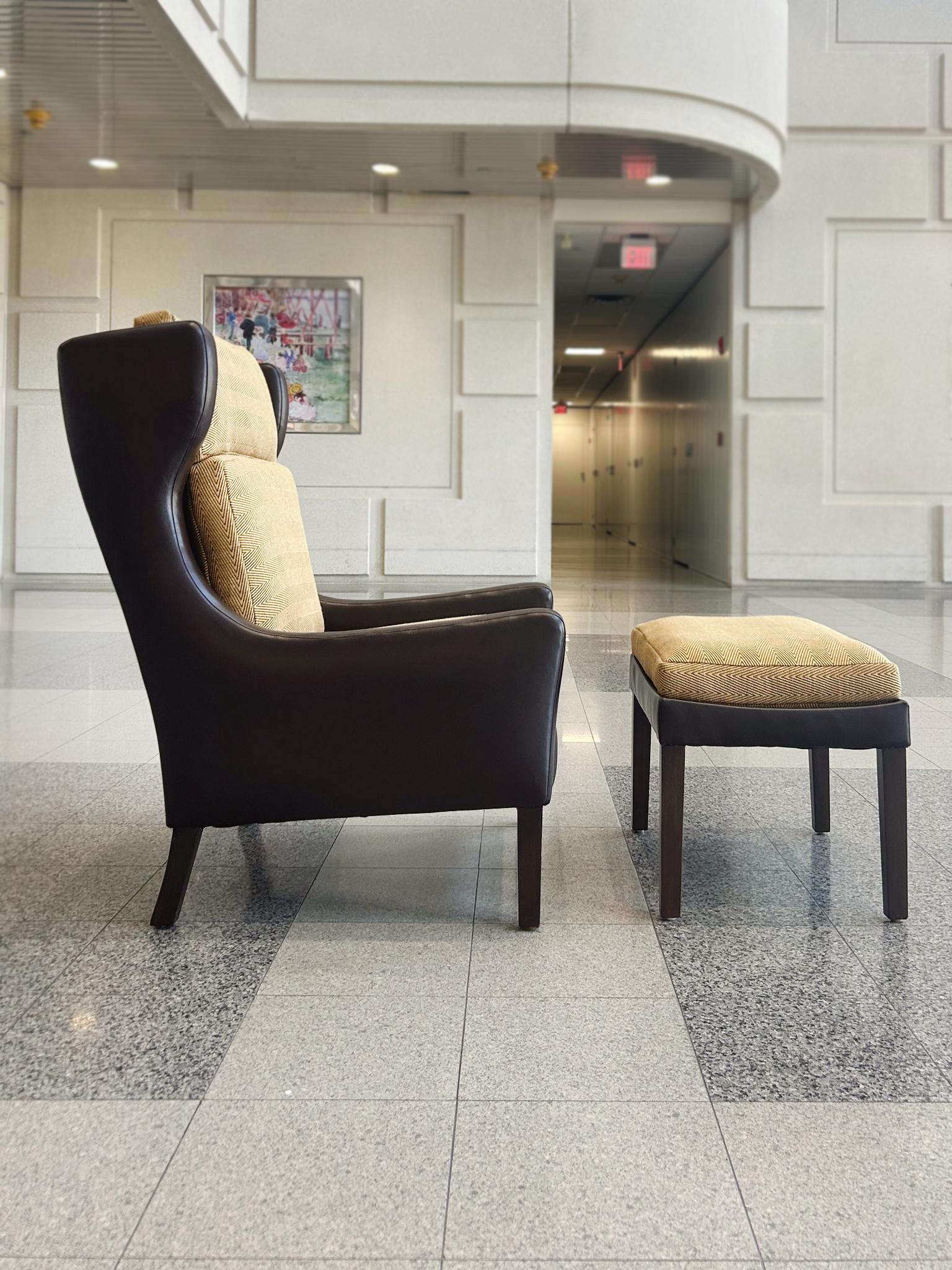 Danish Modern Leather Wingback & Ottoman in the Style of Børge Mogensen In Excellent Condition For Sale In New York, NY