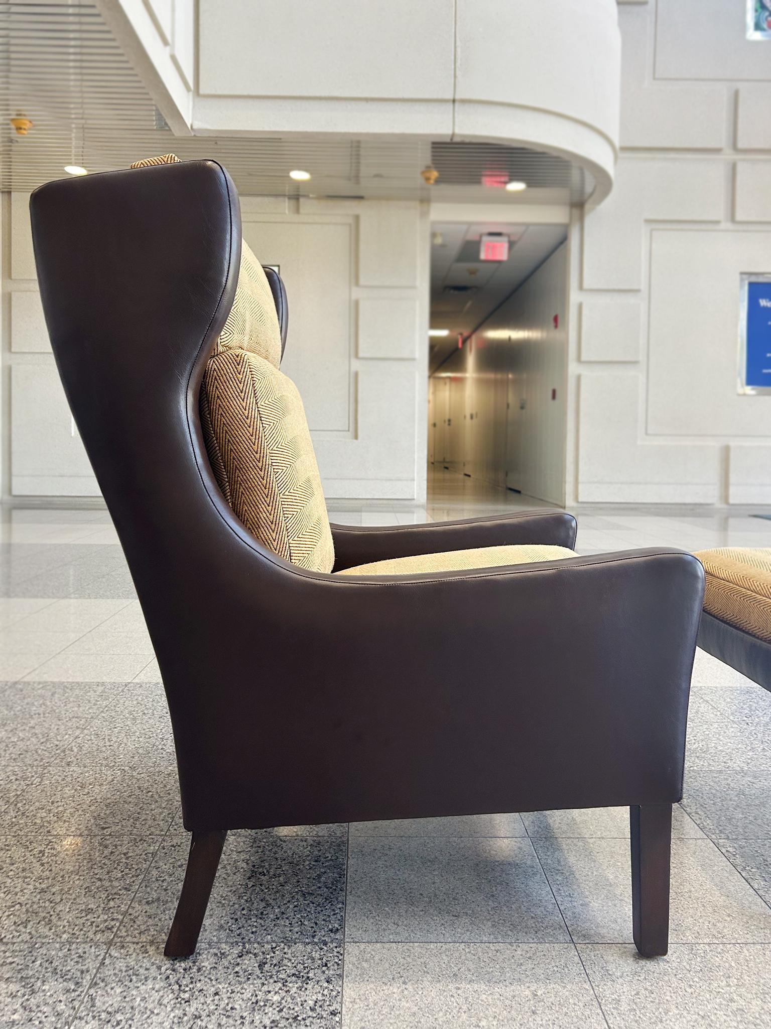 Danish Modern Leather Wingback & Ottoman in the Style of Børge Mogensen For Sale 1