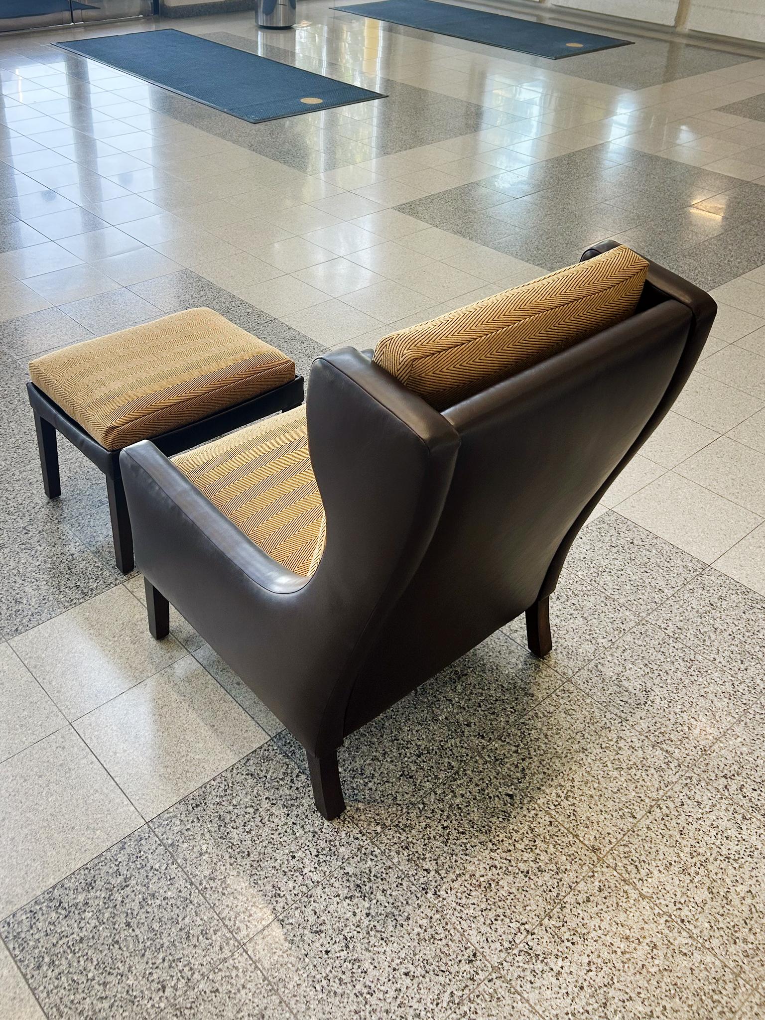 Danish Modern Leather Wingback & Ottoman in the Style of Børge Mogensen For Sale 3