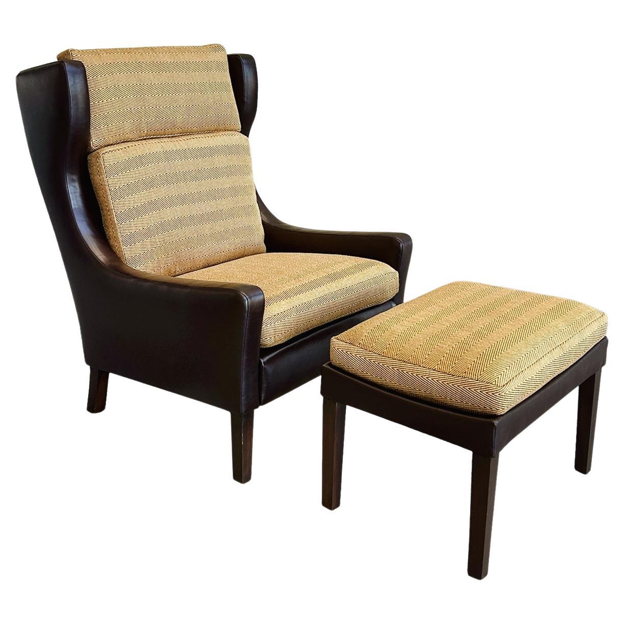 Danish Modern Leather Wingback & Ottoman in the Style of Børge Mogensen For Sale