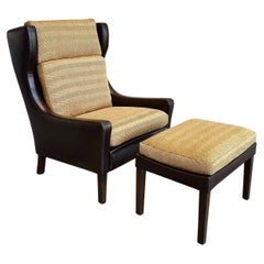 Danish Modern Leather Wingback & Ottoman in the Style of Børge Mogensen