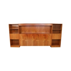 Danish Modern Lighted Teak Headboard with Integral Storage Nightstands