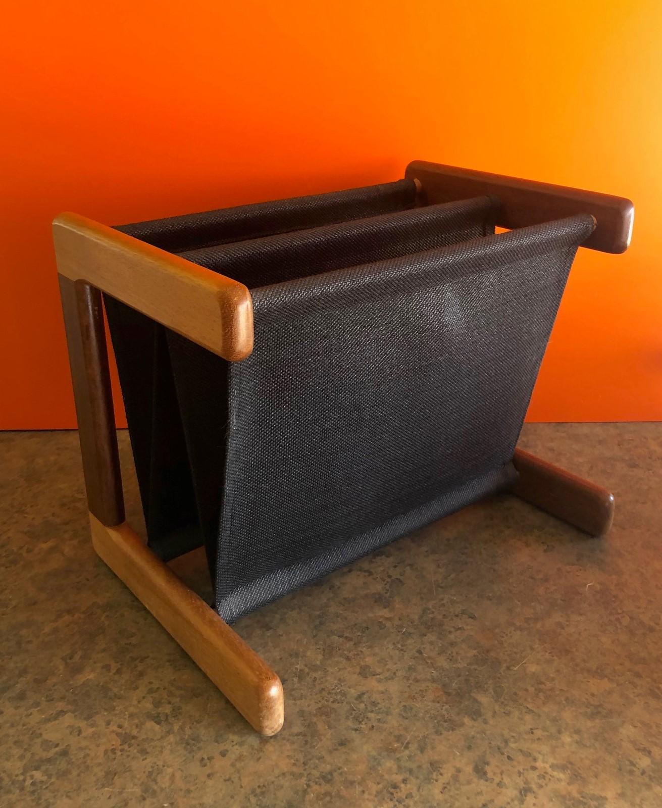 Danish Modern Linen and Teak Double Magazine Rack In Good Condition For Sale In San Diego, CA