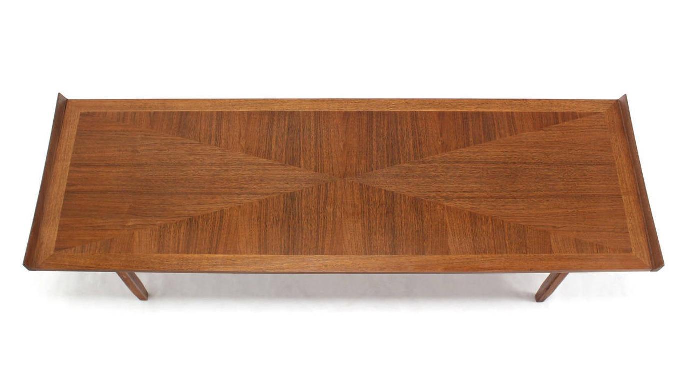 American Danish Modern Long Rectangle Walnut Coffee Table Rolled Ends MINT! For Sale
