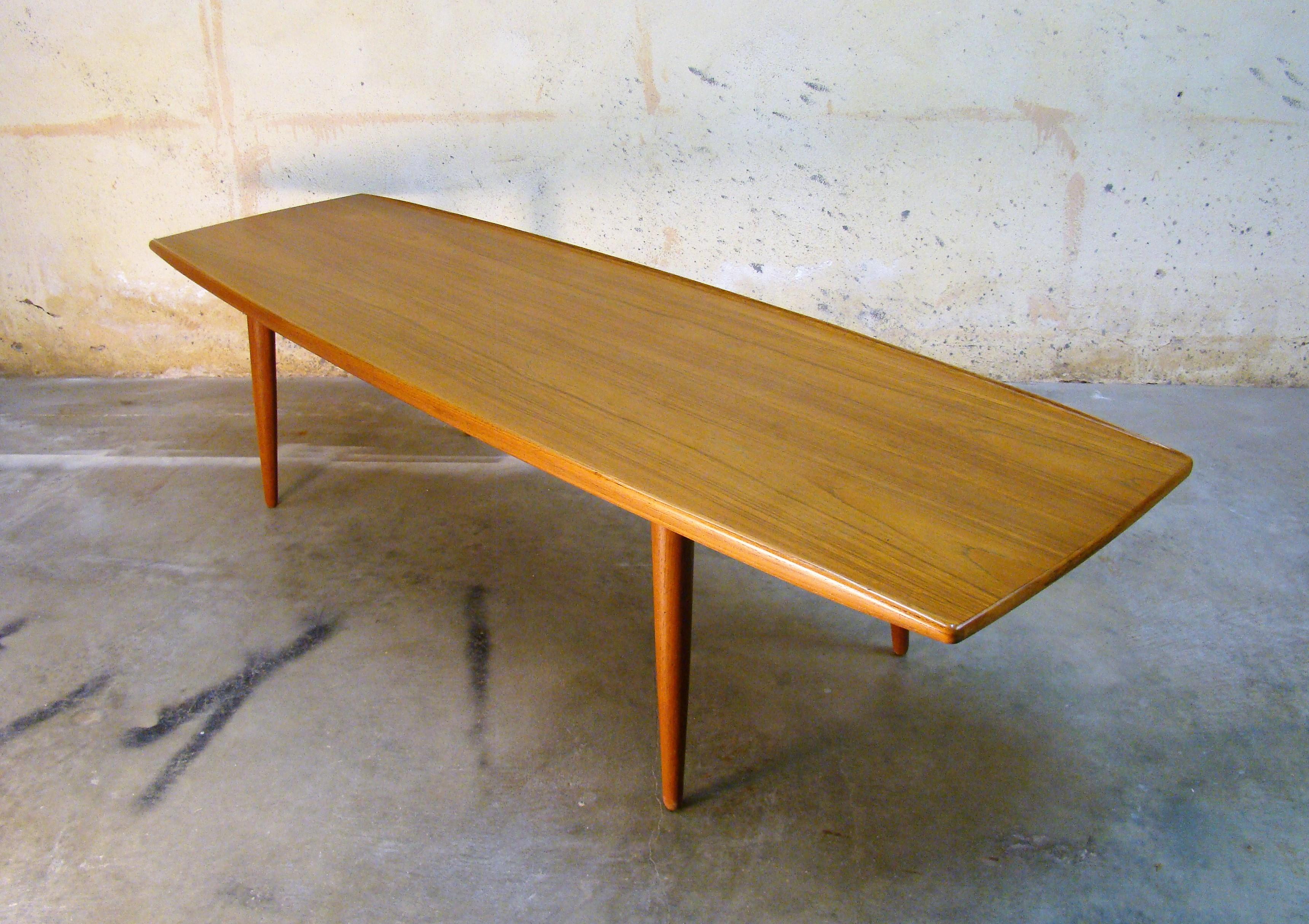 Danish Modern Long Teak Surfboard Coffee Table stamped KT 20, Denmark 1