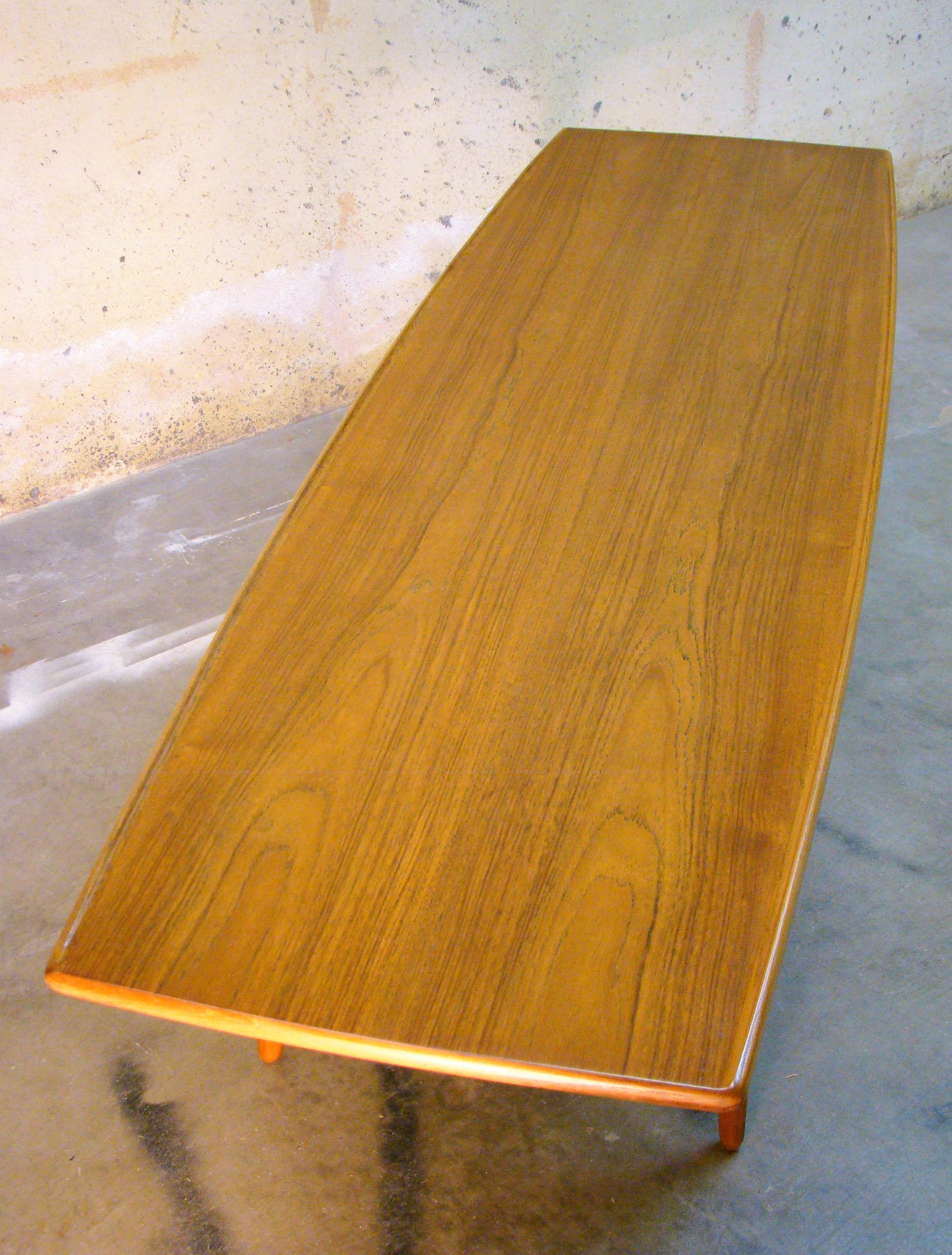Hand-Crafted Danish Modern Long Teak Surfboard Coffee Table stamped KT 20, Denmark