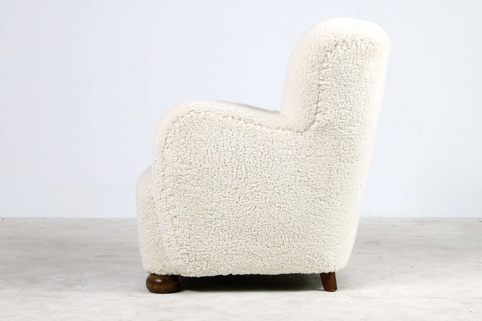 20th Century Danish Modern Lounge Chair 1950 Teddy Fur & Leather, Sheepskin, Made in Denmark