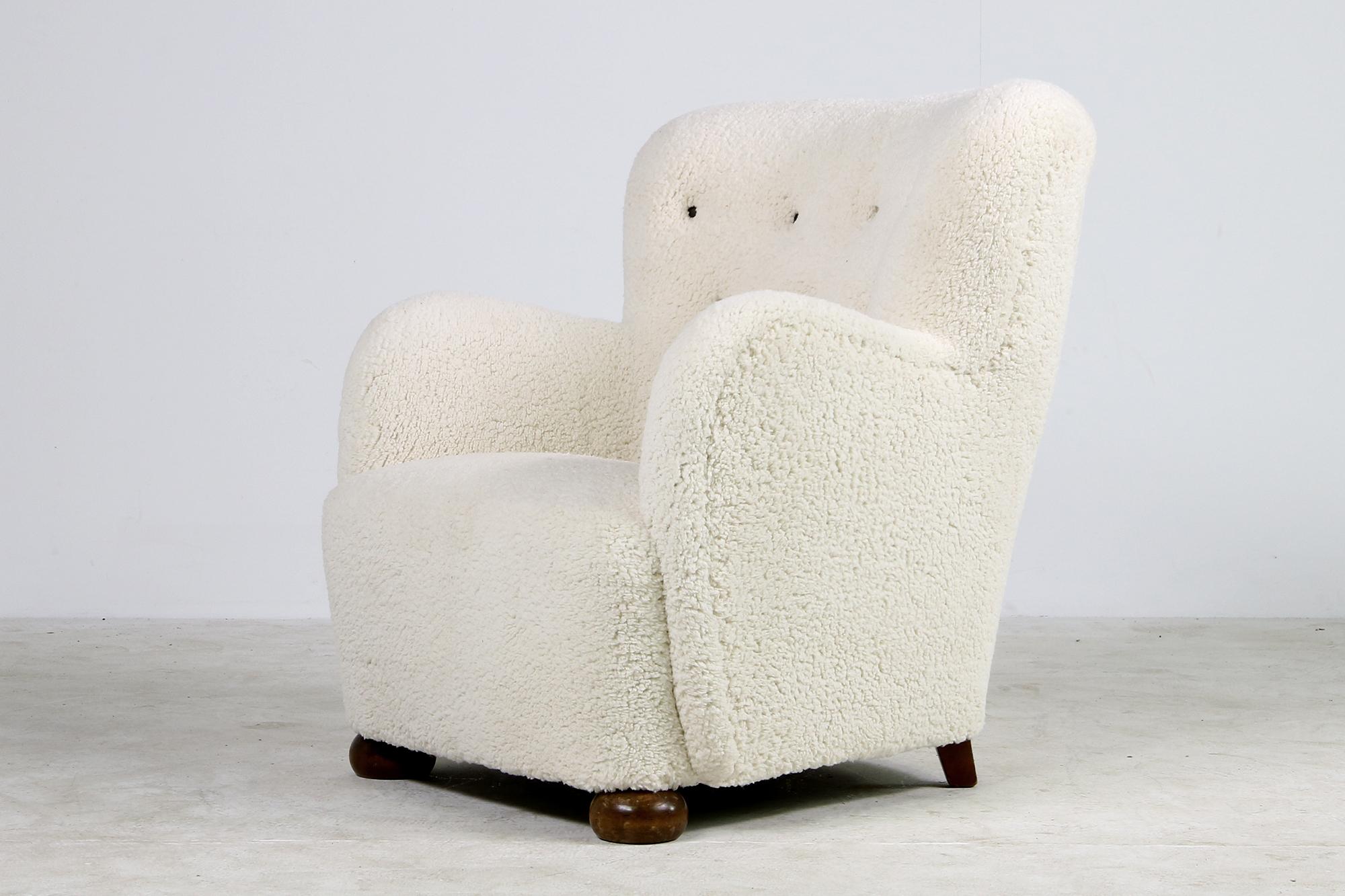 Danish Modern Lounge Chair 1950 Teddy Fur & Leather, Sheepskin, Made in Denmark 1