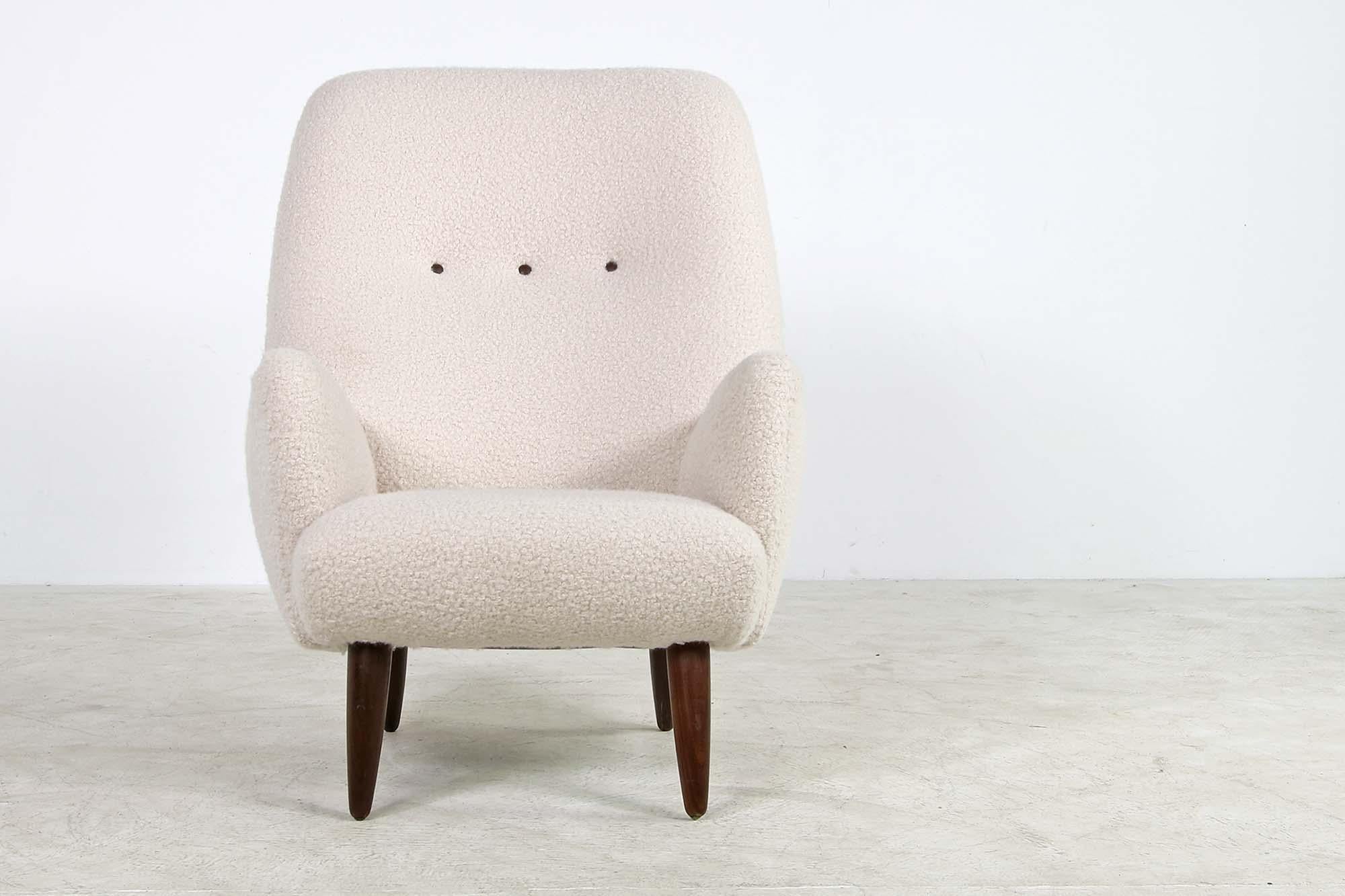 Danish Modern Highback Chair 1960 Teddy Fur Boucle & Leather, Sheepskin, Denmark In Good Condition For Sale In Hamminkeln, DE