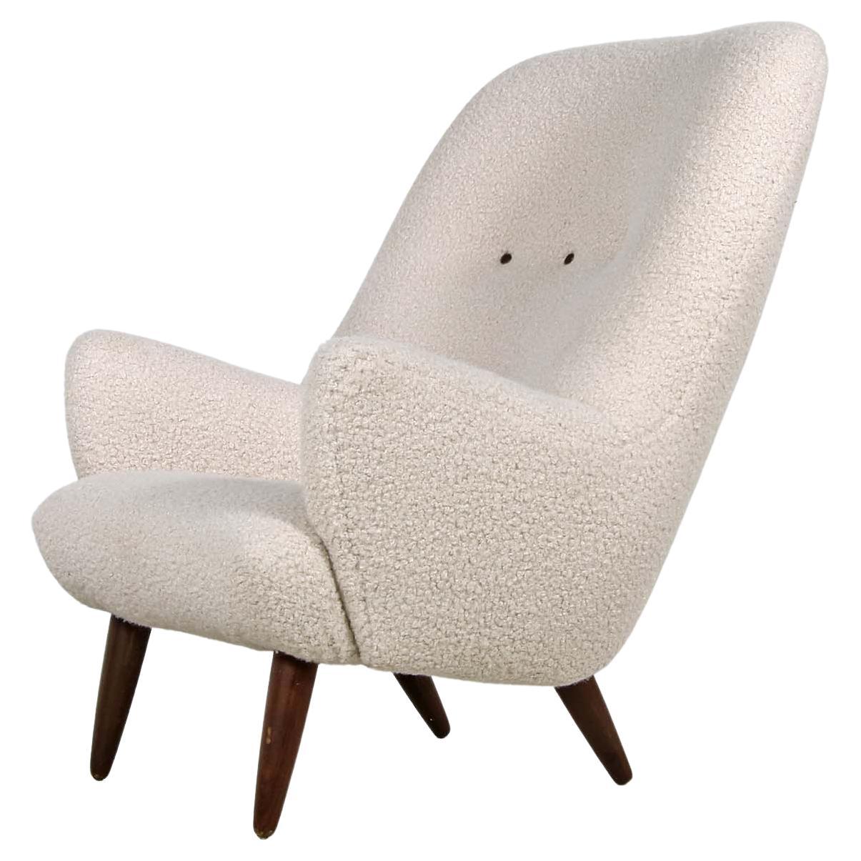 Danish Modern Highback Chair 1960 Teddy Fur Boucle & Leather, Sheepskin, Denmark For Sale
