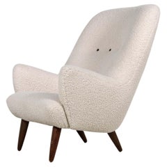 Vintage Danish Modern Highback Chair 1960 Teddy Fur Boucle & Leather, Sheepskin, Denmark