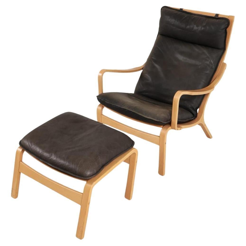 Danish Modern lounge chair and ottoman in bent beech wood and brown leather