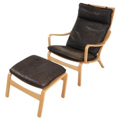 Danish Modern lounge chair and ottoman in bent beech wood and brown leather