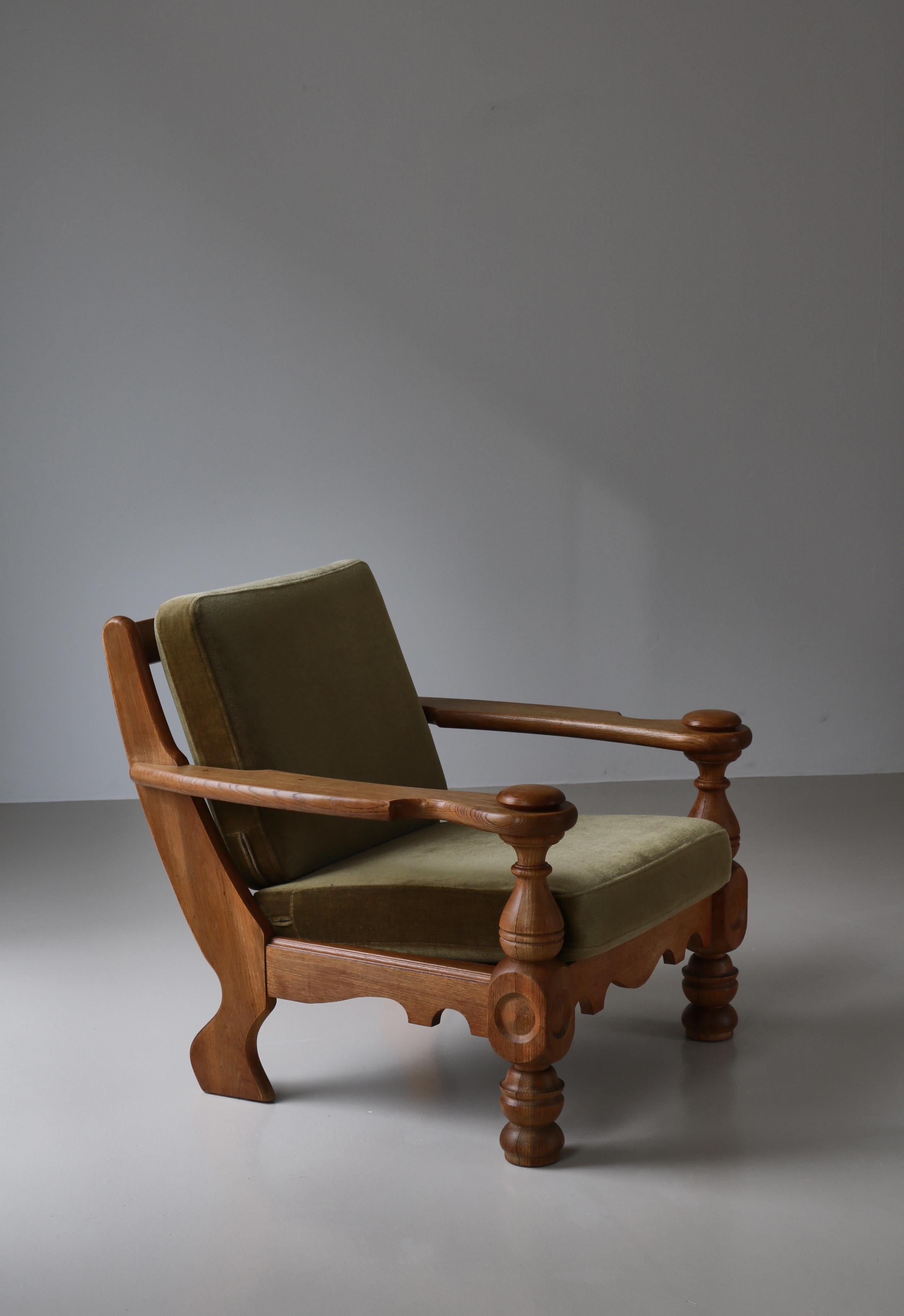 Danish Modern Lounge Chair by Henry Kjærnulff Oak & Green Mohair, Denmark, 1950s For Sale 12