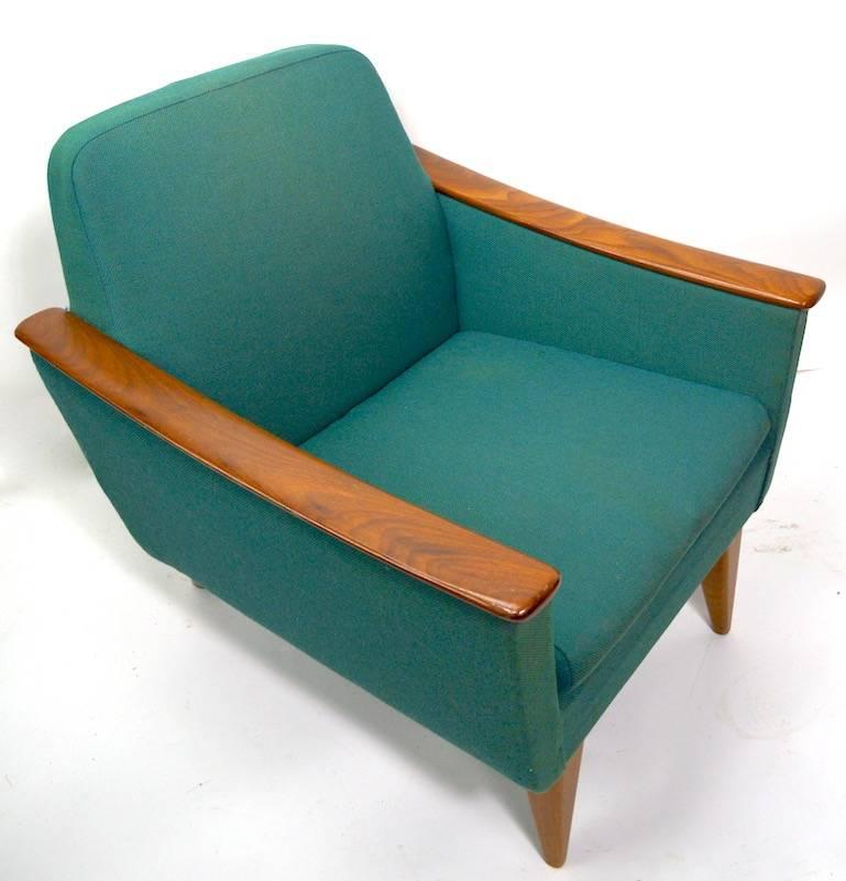 Elegant design Danish modern lounge chair, wood trim armrests on turquoise tweed fabric (fabric shows wear). Possibly Norwegian, or Swedish, in the Danish style. Arm H 21 x seat H 15.
