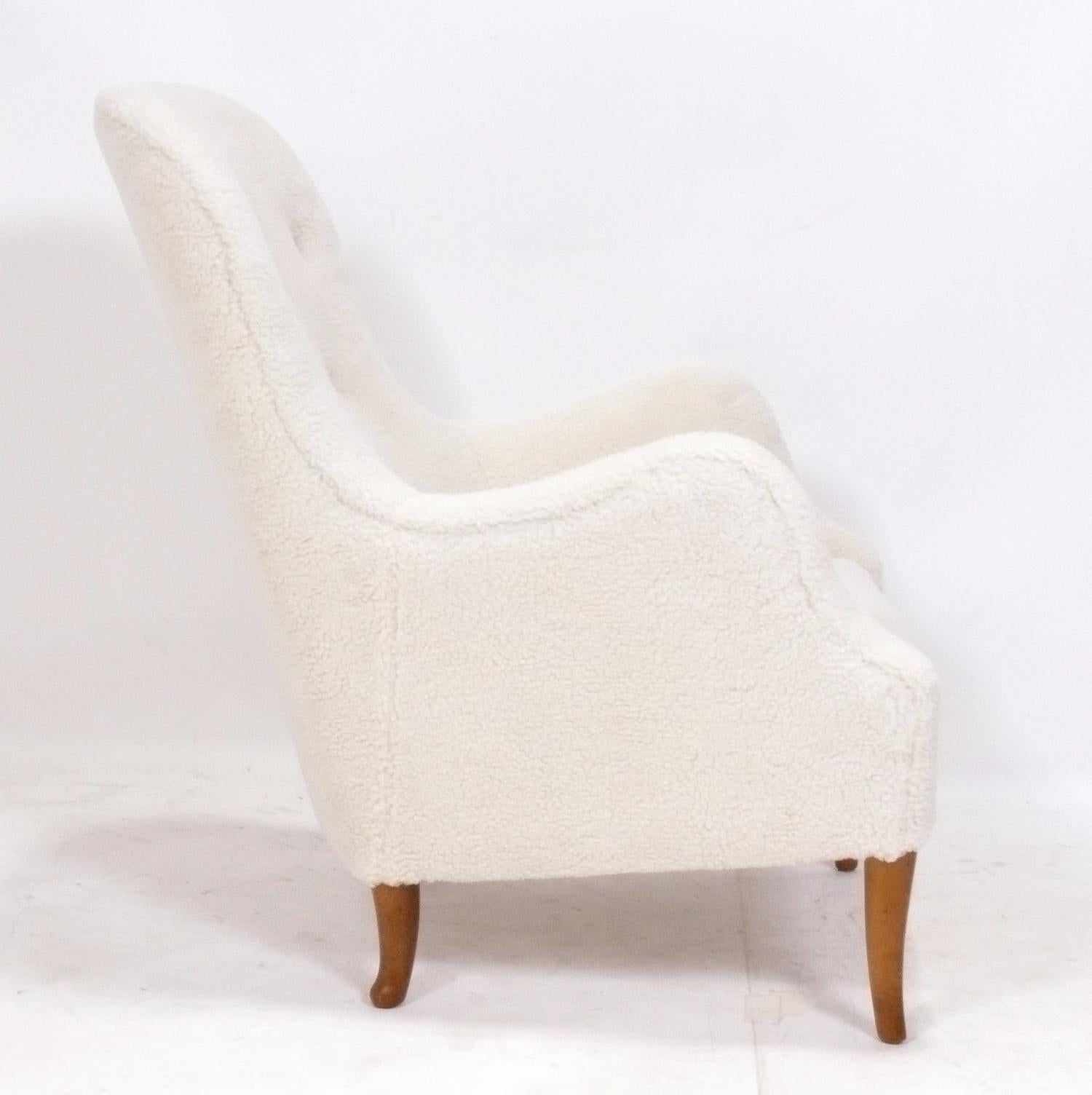 Mid-Century Modern Danish Modern Lounge Chair Upholstered in Faux Sheepskin For Sale