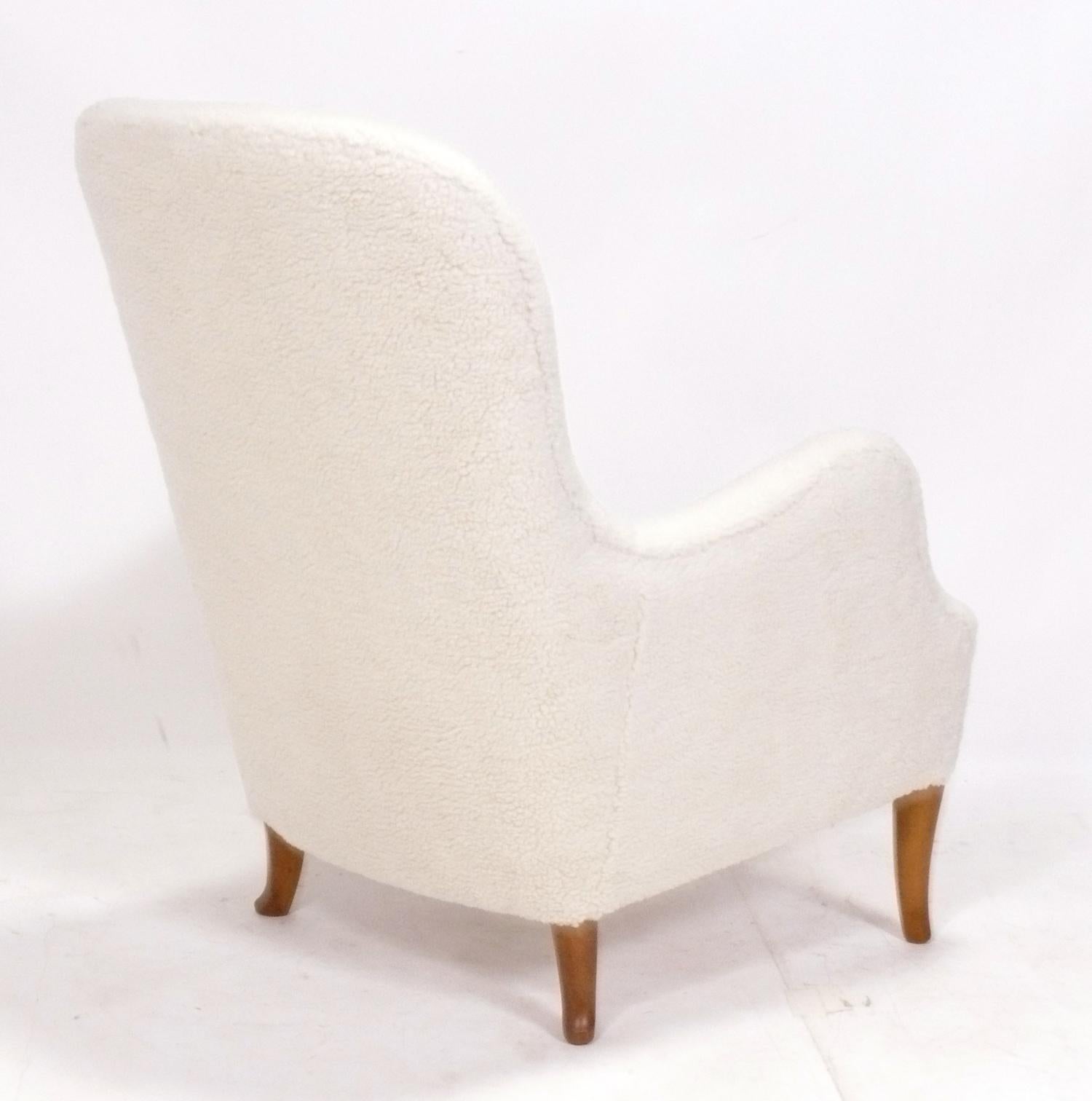 Danish Modern Lounge Chair Upholstered in Faux Sheepskin In Good Condition For Sale In Atlanta, GA