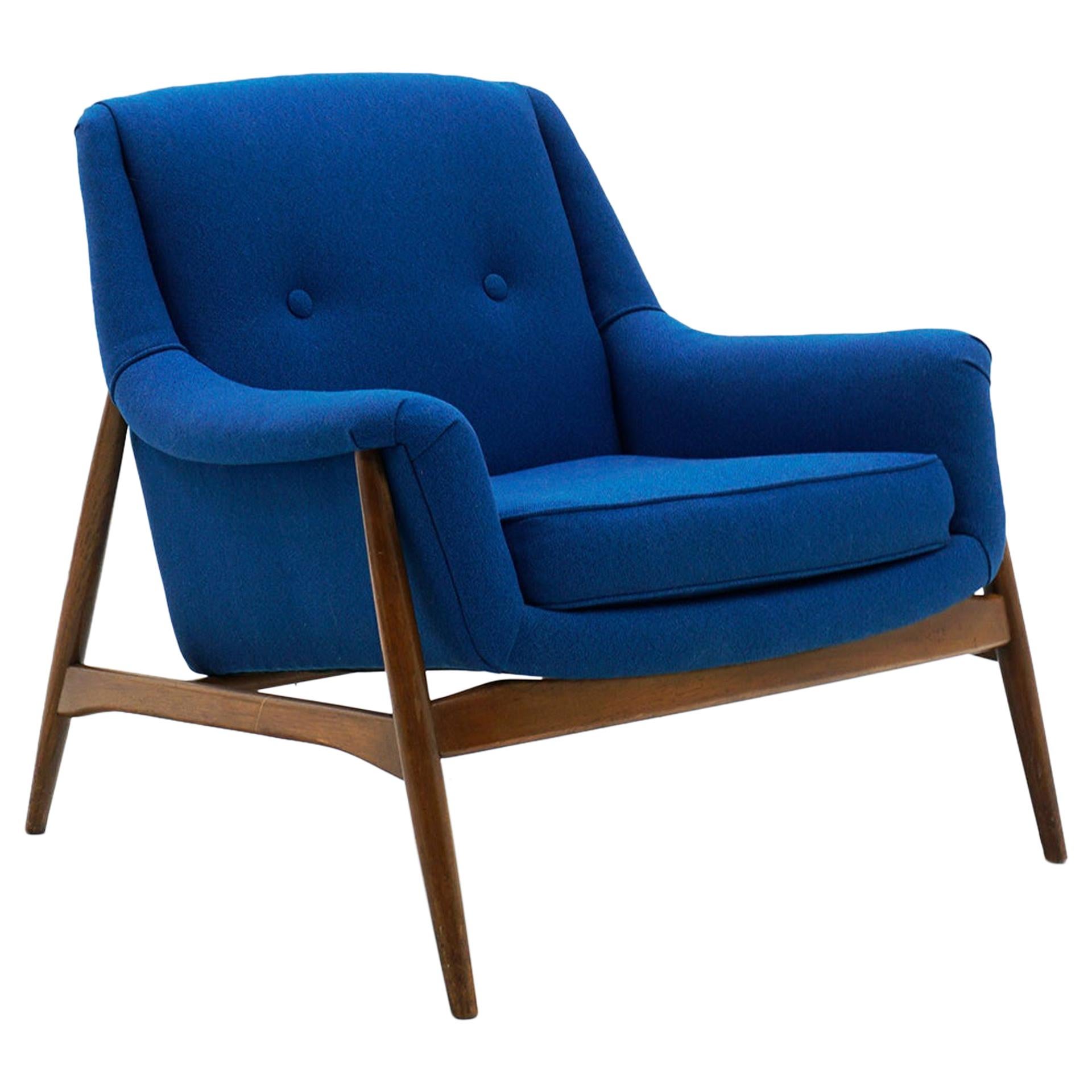 Danish Modern Lounge Chair with Arms, Teak with New Blue Maharam Upholstery