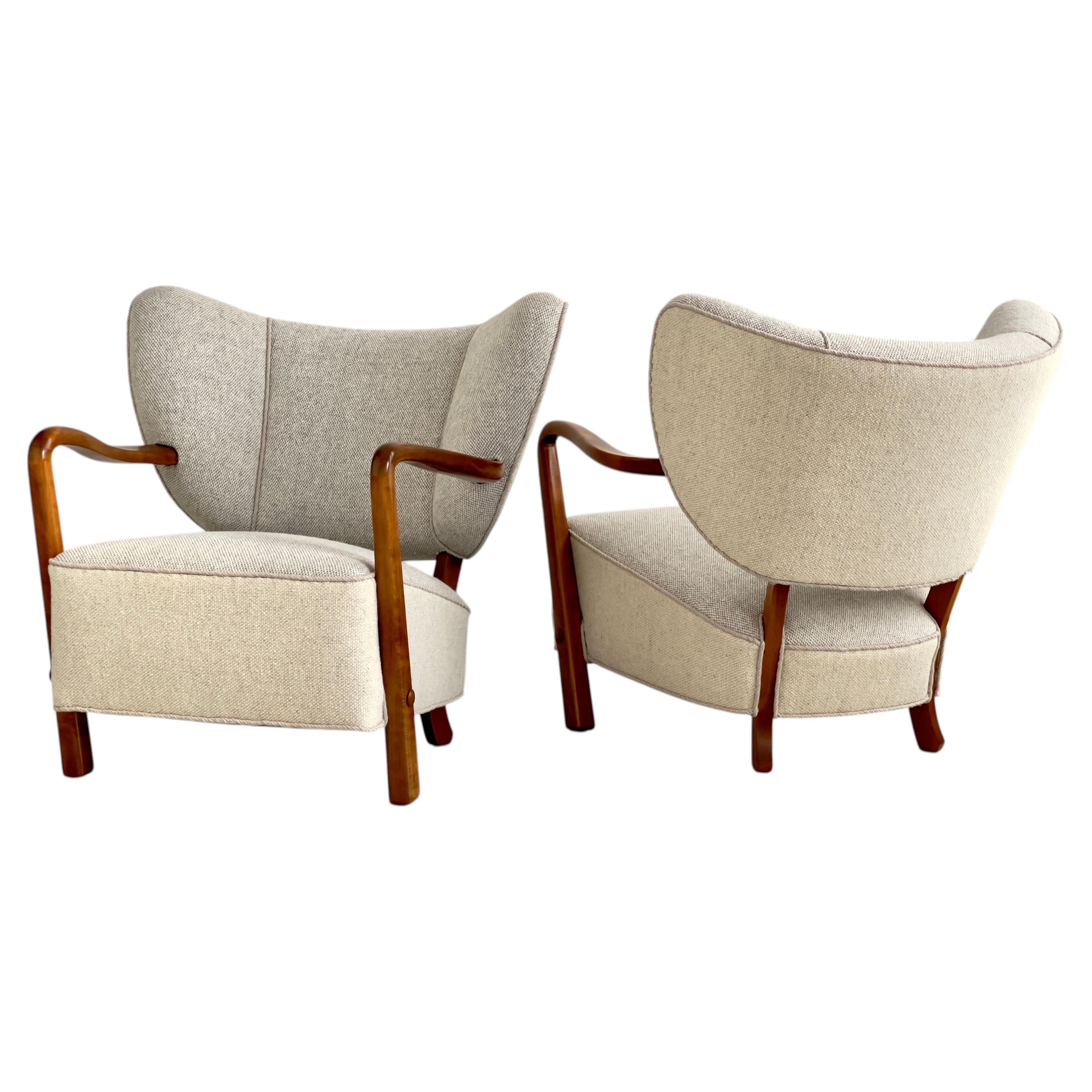 Fauteuils de salon de style moderne danois signés Viggo Boesen, revêtement en laine tissée à la main, années 1930