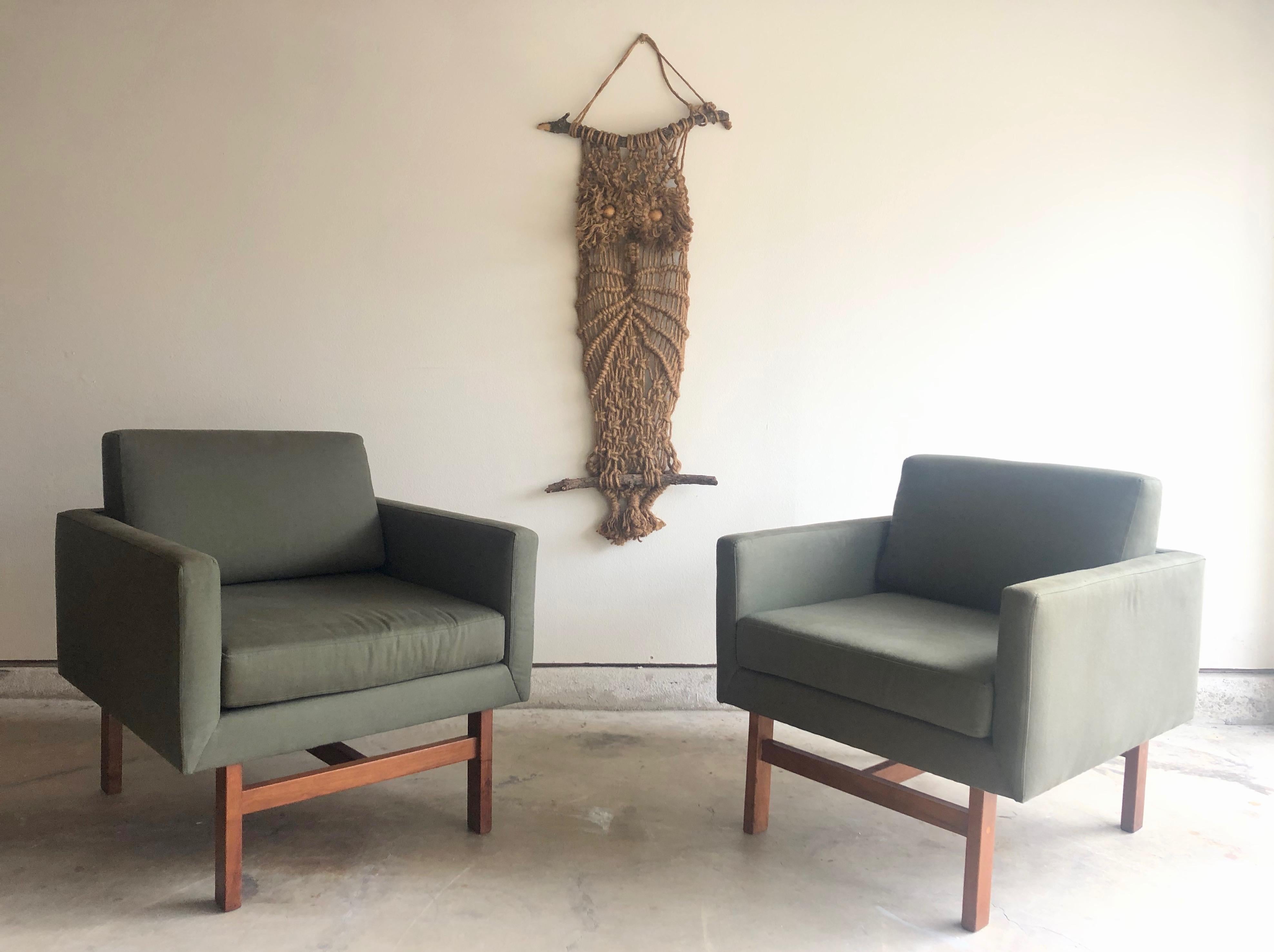 Danish modern cube lounge chairs in an olive green fabric.