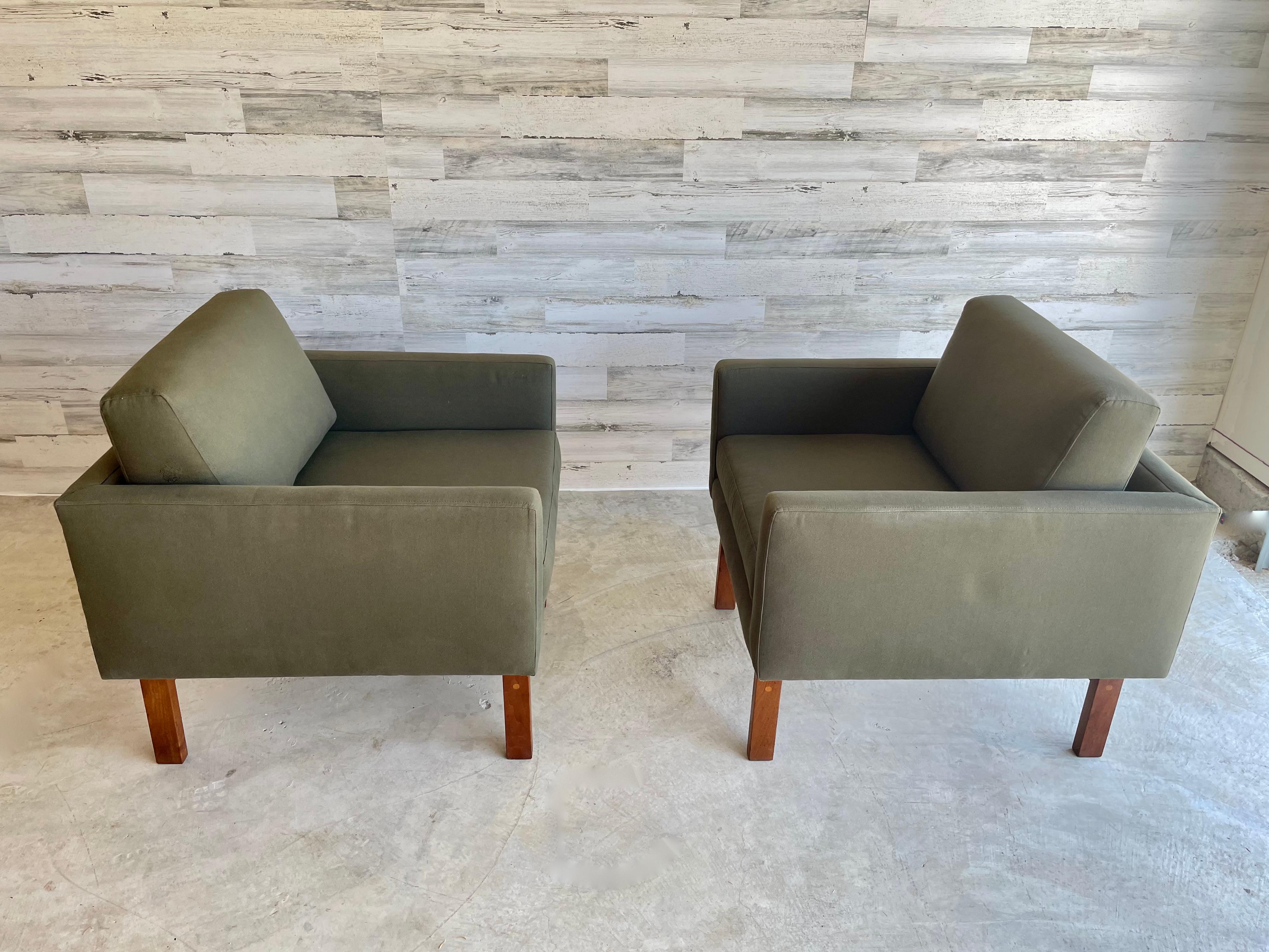 Danish modern cube lounge chairs in an olive green fabric.