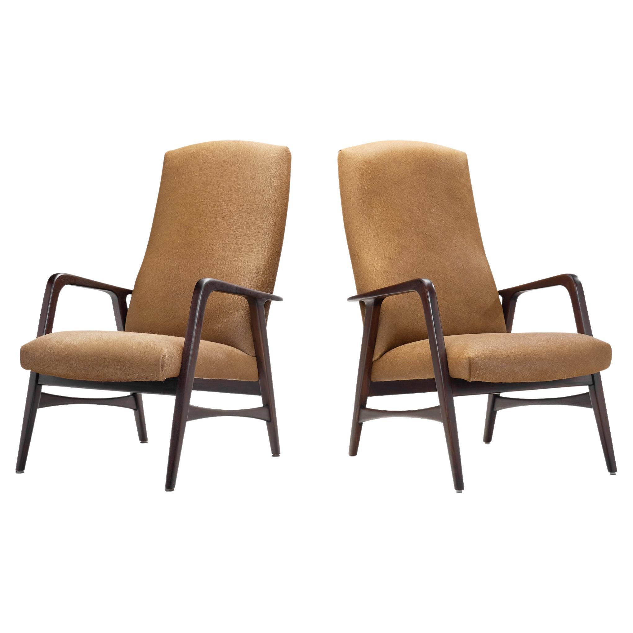Danish Modern Lounge Chairs in Brown Cowhide, Denmark 1960s