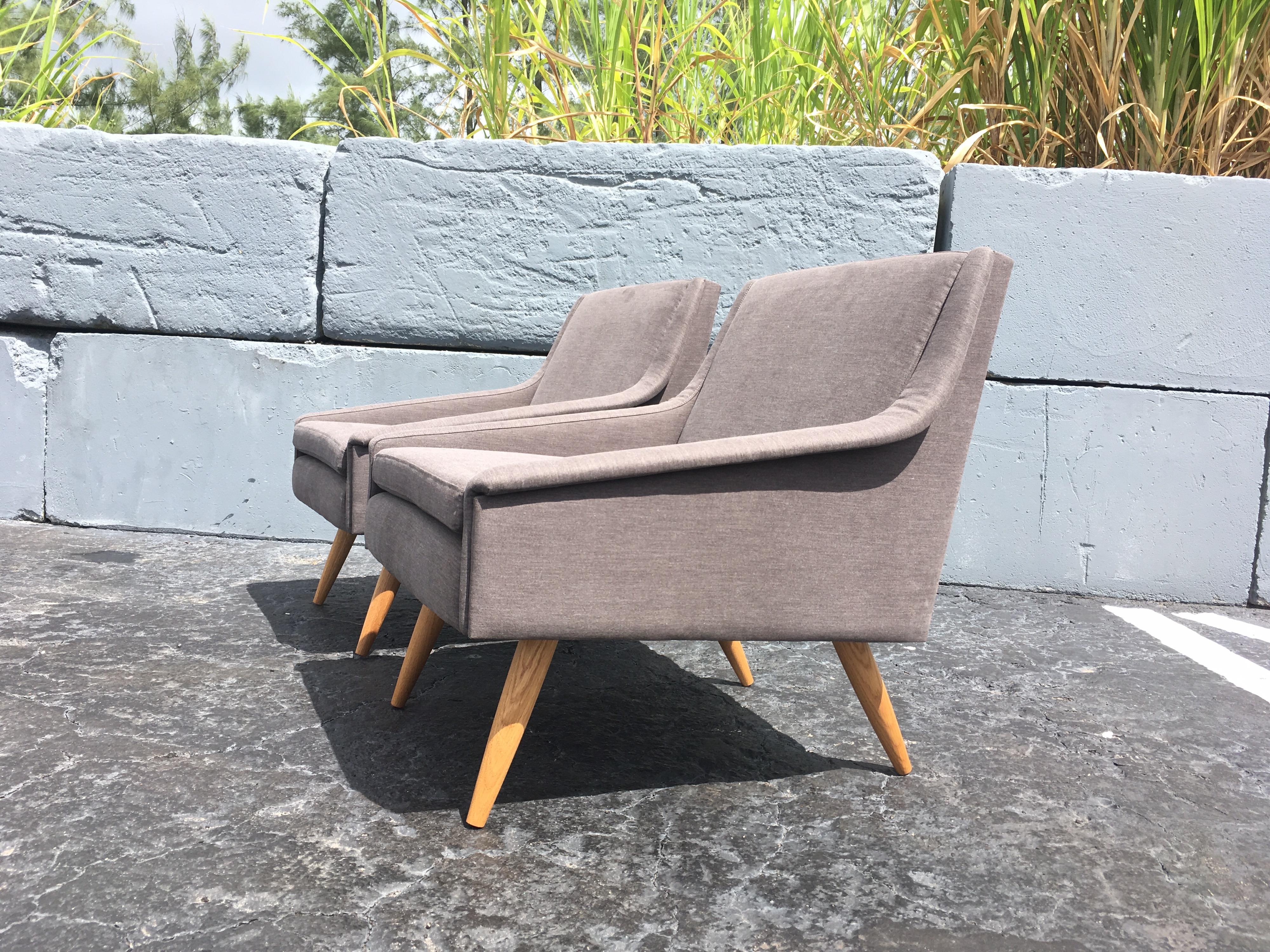 American Danish Modern Lounge Chairs, Gray Fabric, Oak Legs For Sale