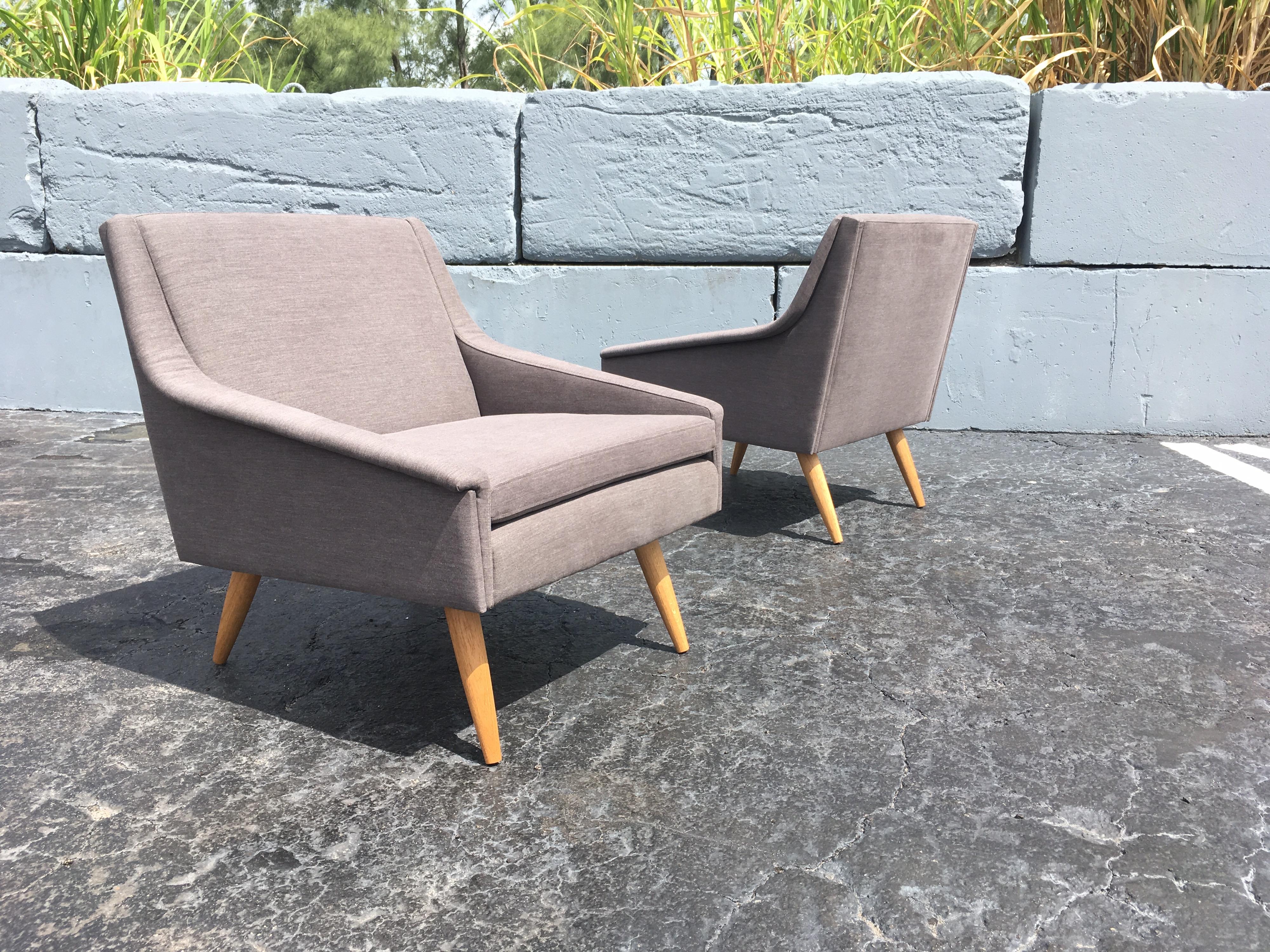 Danish Modern Lounge Chairs, Gray Fabric, Oak Legs In Good Condition For Sale In Miami, FL