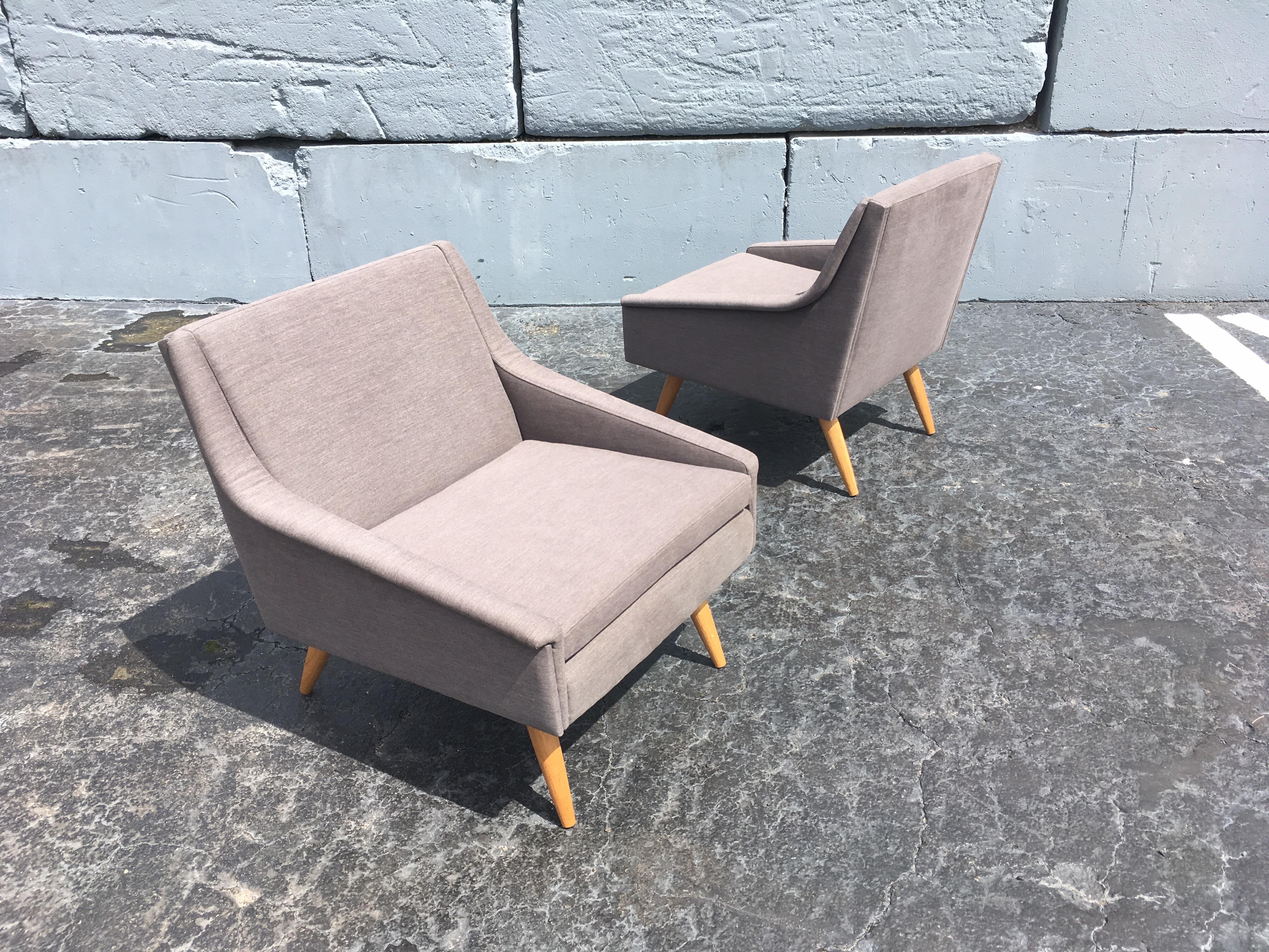 Danish Modern Lounge Chairs, Gray Fabric, Oak Legs For Sale 1