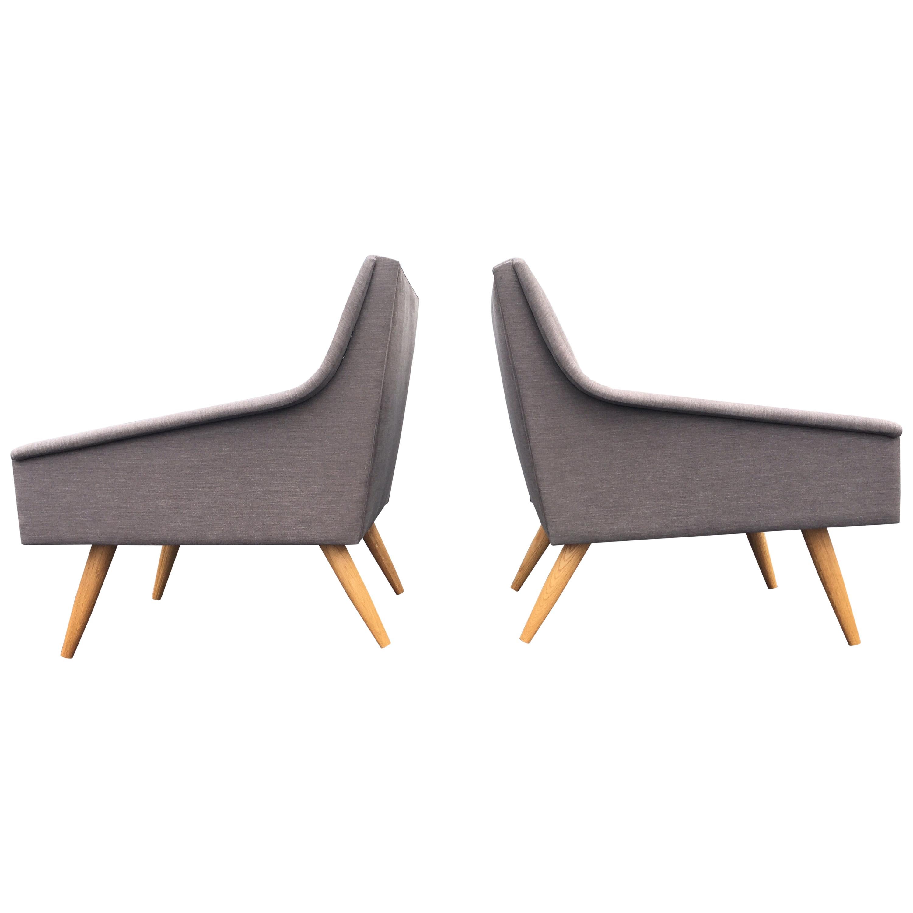 Danish Modern Lounge Chairs, Gray Fabric, Oak Legs For Sale