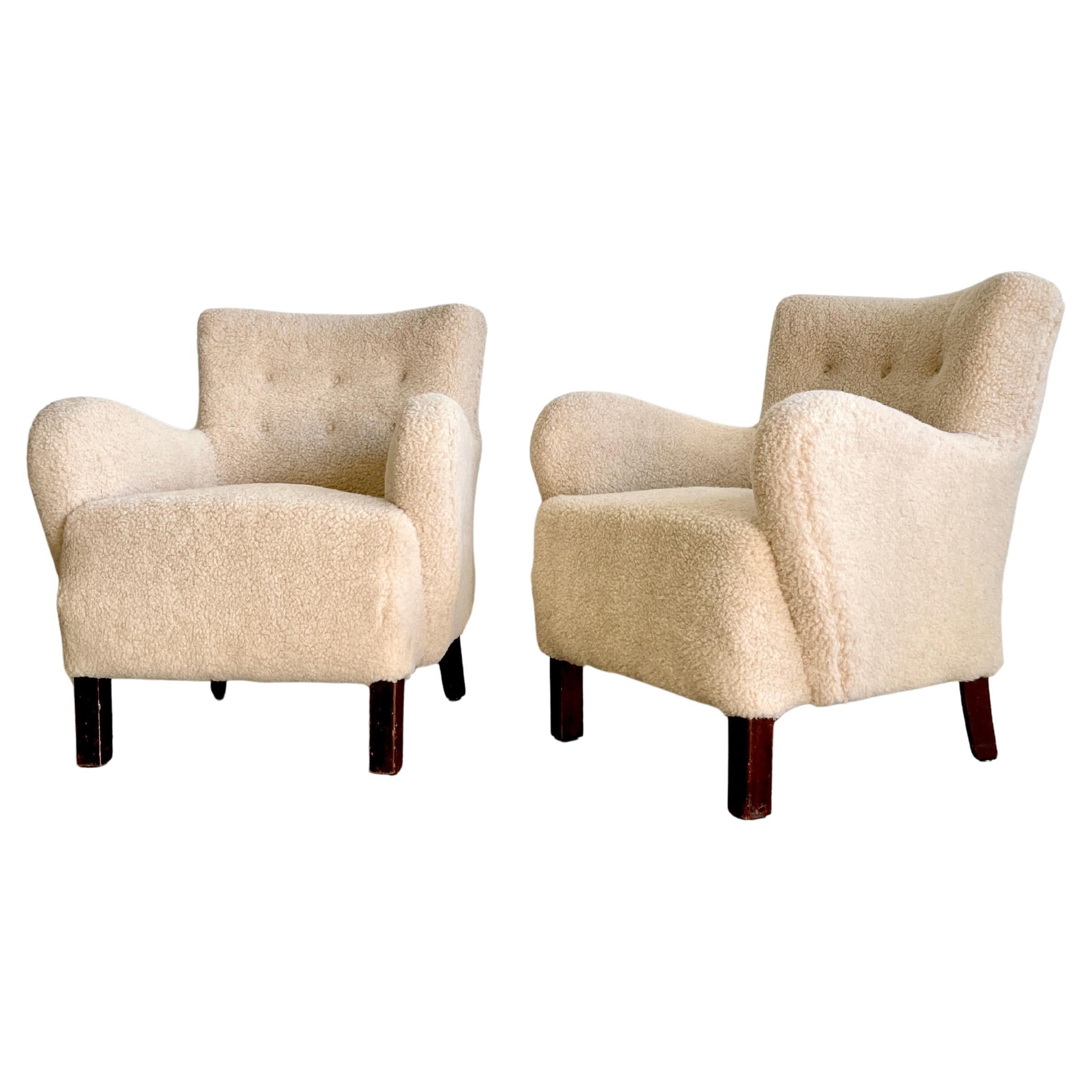 Danish Modern Lounge Chairs Sheepskin Sherpa - Pair