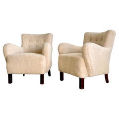 Danish Modern Lounge Chairs Sheepskin Sherpa - Pair