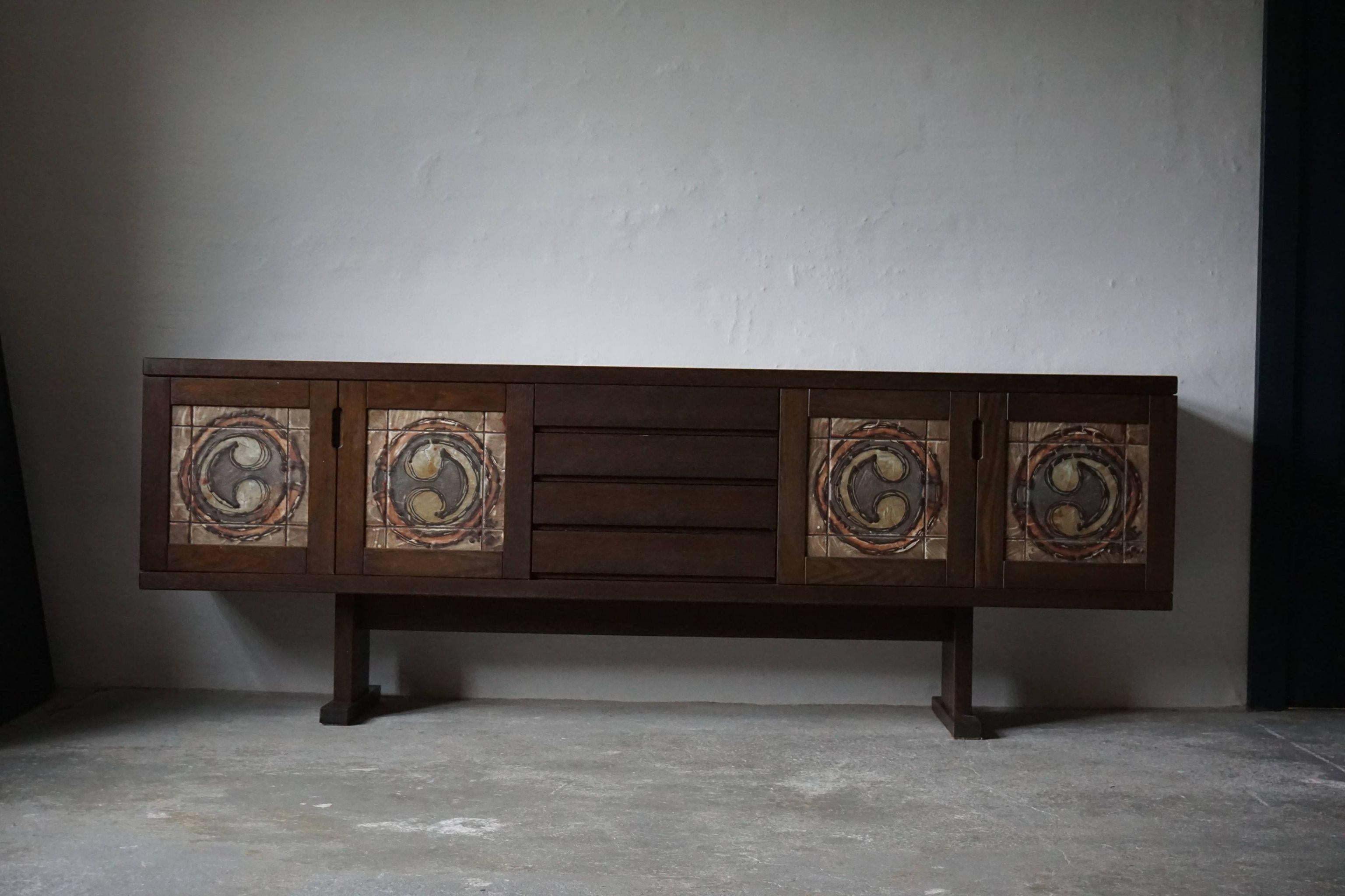 Mid-Century Modern Danish Modern Low Sideboard in Oak and with Ceramic Front, Made by Skovby, 1970s