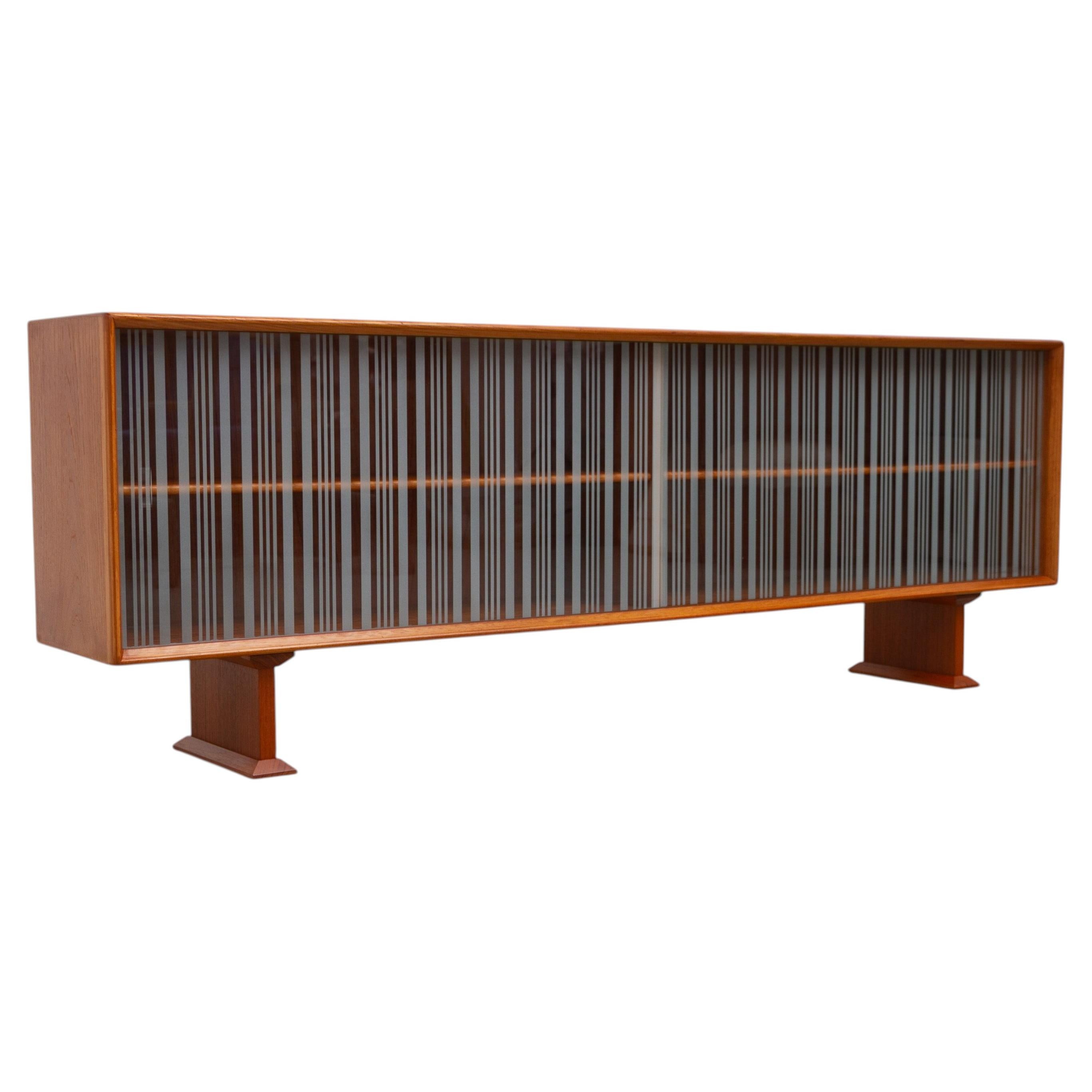 Danish Modern Low Teak Sideboard with Etched Glass Doors by Skovby, 1960s. For Sale