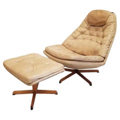 Danish modern Madsen & Schubell tan Leather Swivel Lounge chair with ottoman