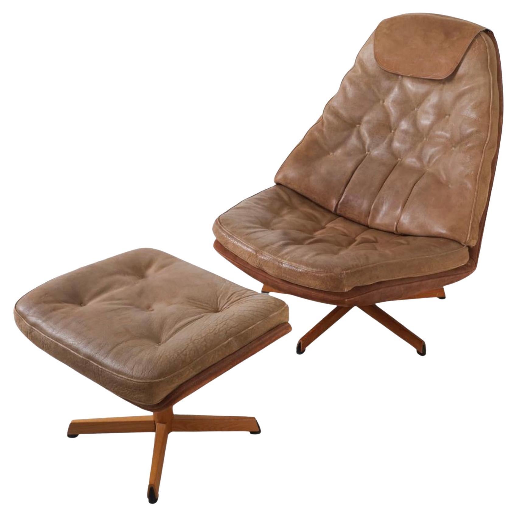 Danish modern Madsen & Schubell tan Leather Swivel Lounge chair with ottoman