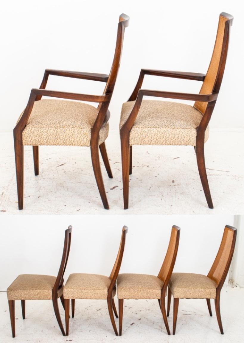 Danish Modern mahogany dining chairs, six (6), 1960s, comprising two arms and four sides, apparently unmarked, each with caned bateau backs on shaped upholstered seats with straight front legs and flared rear legs, now upholstered in a micro animal