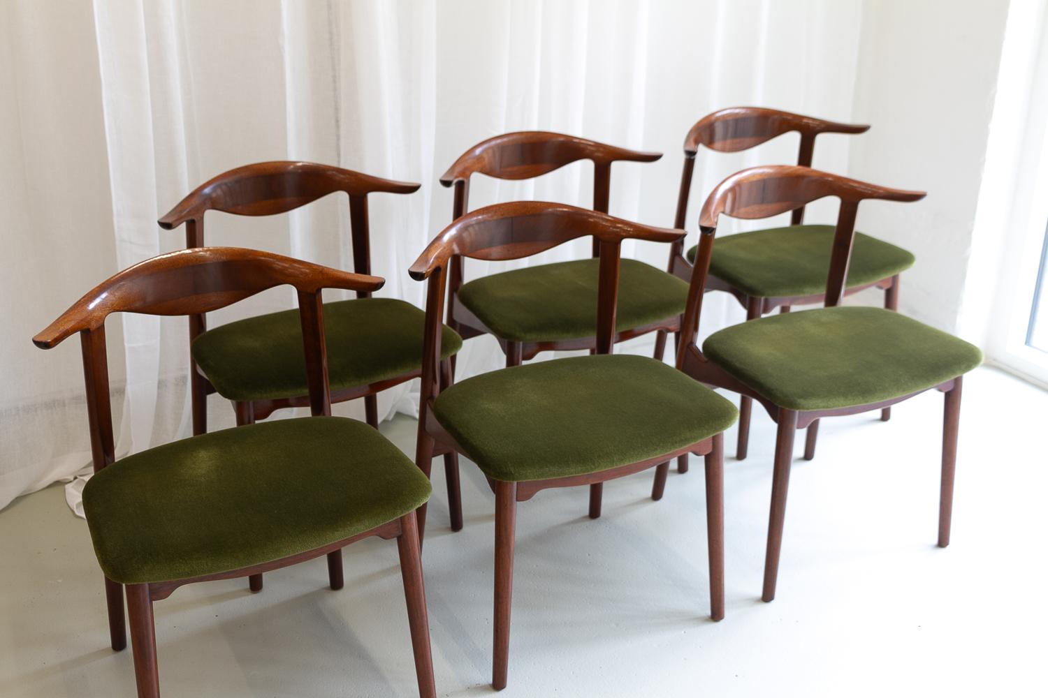 Sedie moderne danesi a corno di mucca in mogano, anni '40, set di 6 in vendita 9
