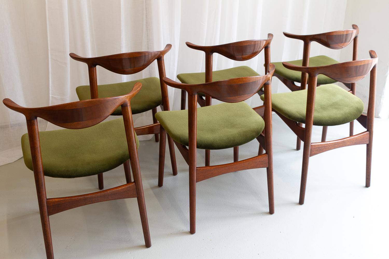 Sedie moderne danesi a corno di mucca in mogano, anni '40, set di 6 in vendita 11