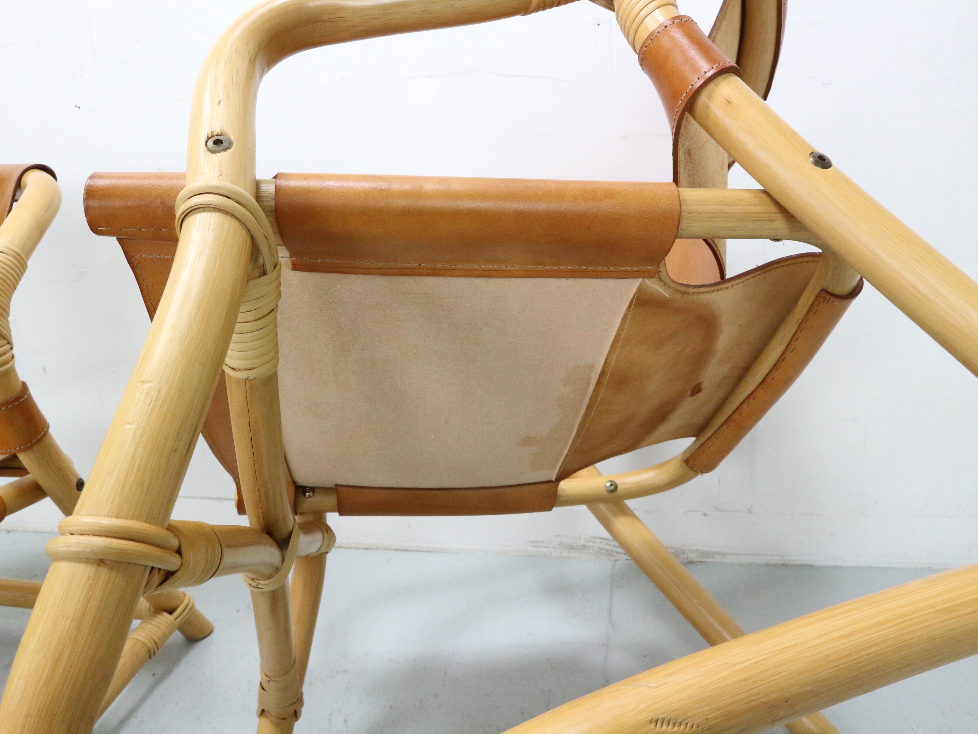 Fauteuils de salon modernes danois Manilla, table, bambou et cuir de selle, années 1960 en vente 8