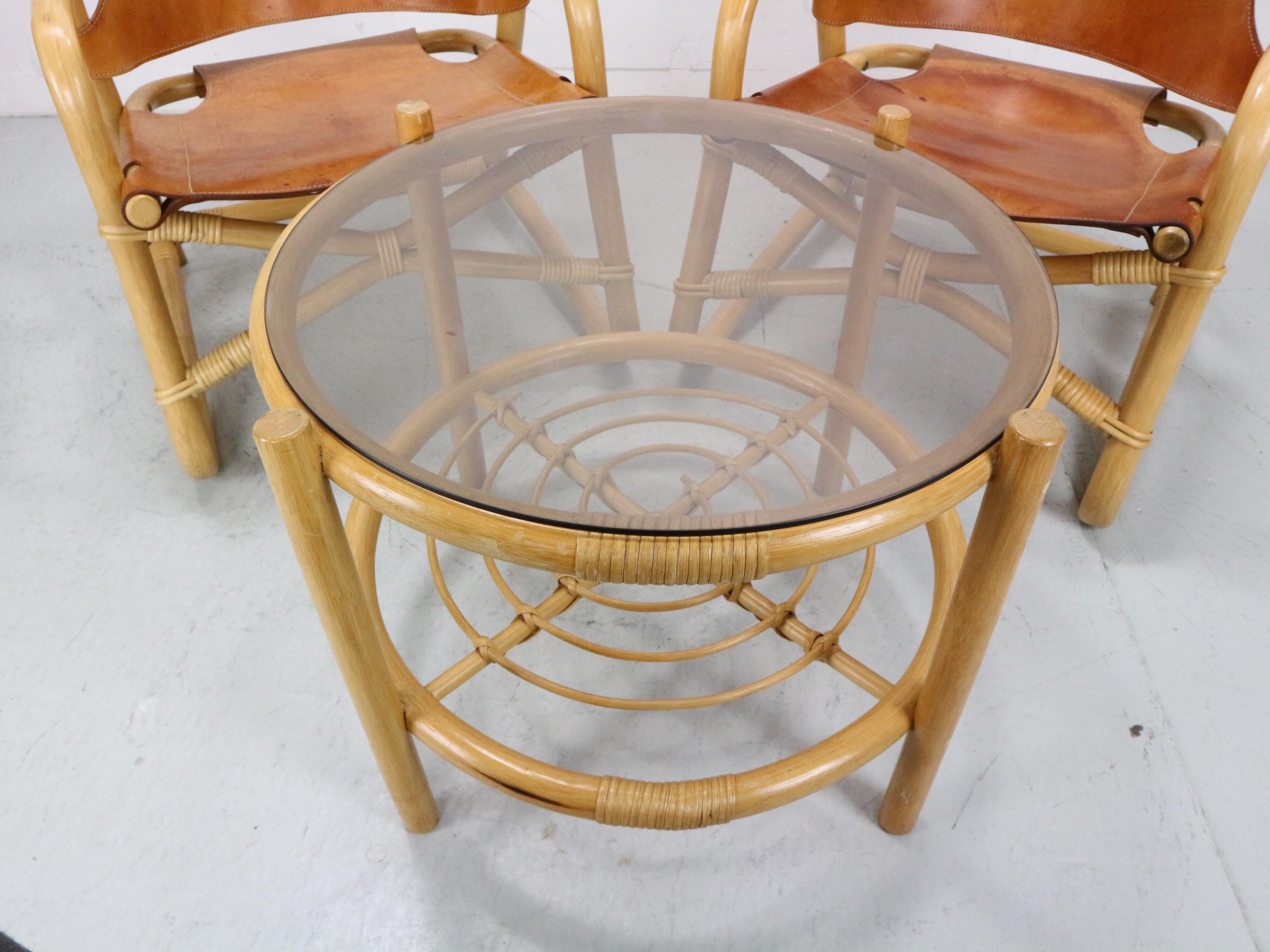 Dänische moderne dänische „Manilla“-Loungesessel + Tisch, Bambus und Sattelleder, 1960er Jahre im Angebot 12